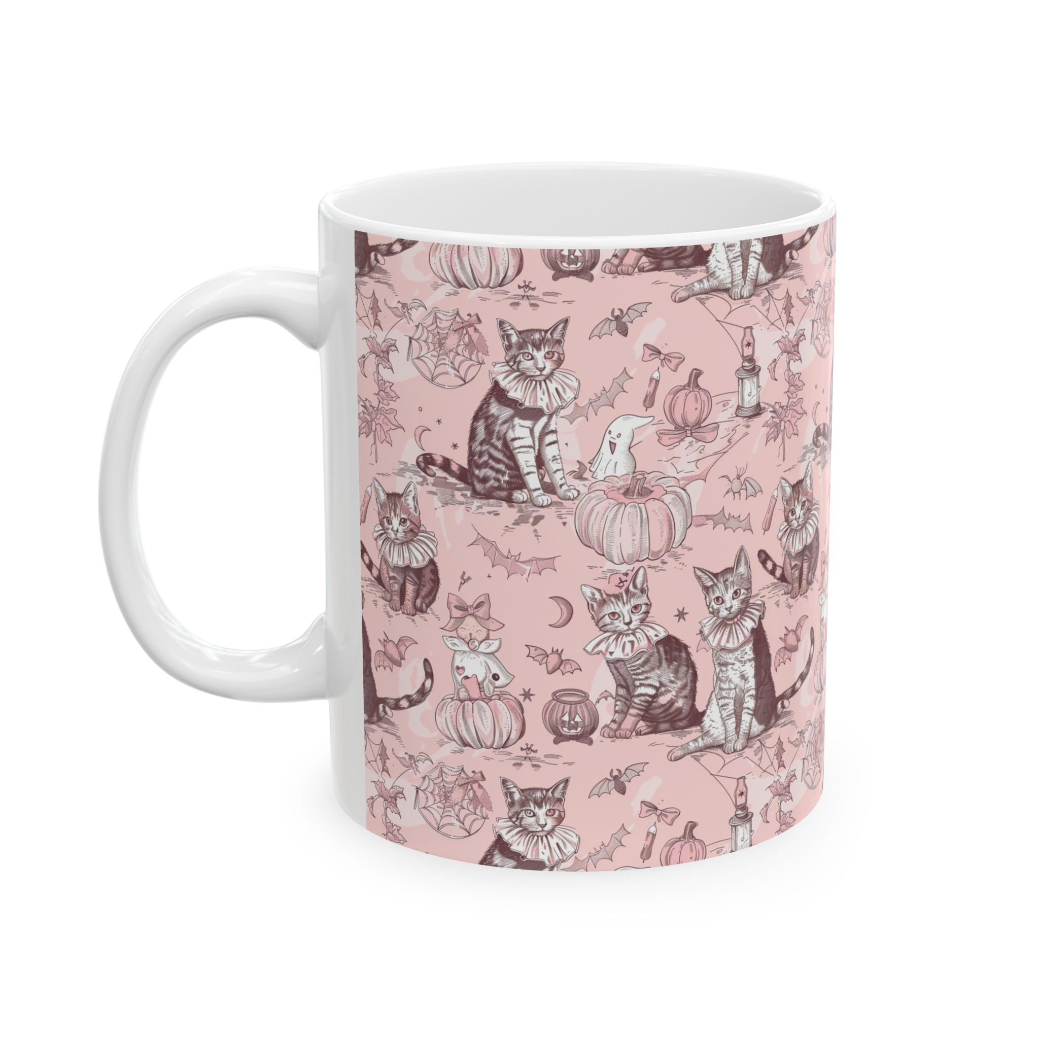 Blush Halloween Cat Mug – Cute Vintage Cats, Pumpkins & Ghosts Coffee Cup for Fall Lovers
