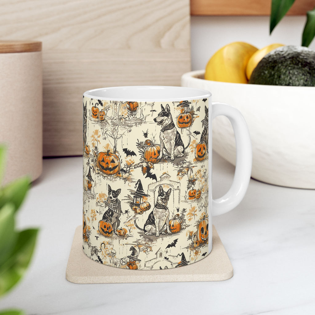 Vintage Halloween Dog Mug – Cozy Fall Coffee Cup with Pumpkins, Bats & Witchy Dogs