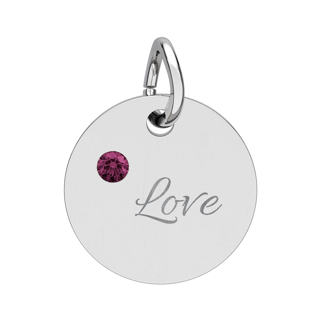 LOVE — Gold Plated Ruby Valentine Charm,  Birthstone Circle Charm (Engraving)