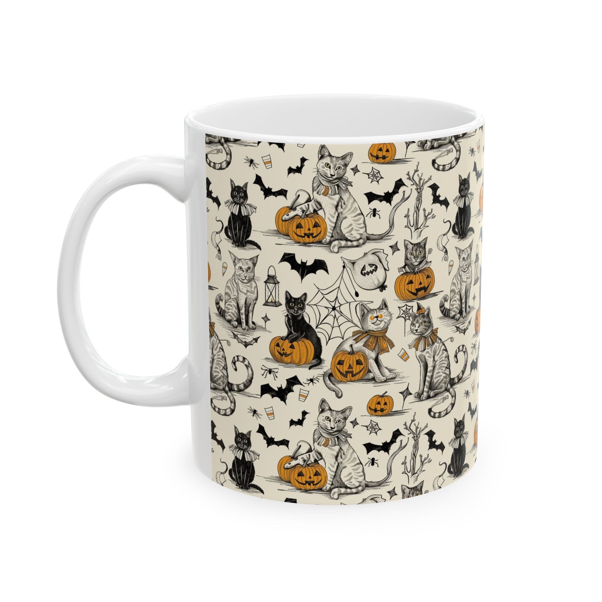 Cozy Vintage Halloween Cat Mug – Adorable Black Cats, Pumpkins & Bats Coffee Cup for Fall Lovers