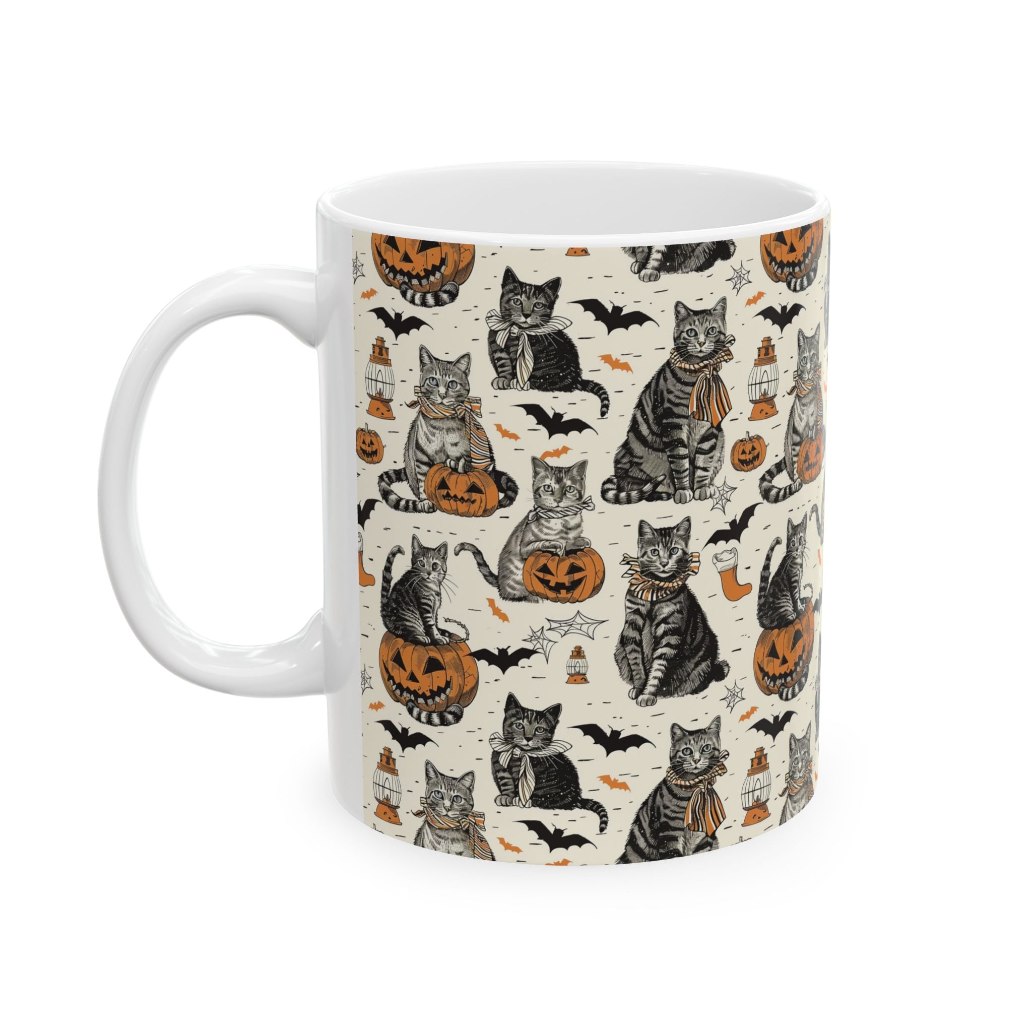 Vintage Halloween Cat Mug – Cozy Autumn Coffee Cup with Pumpkins, Bats & Black Cats