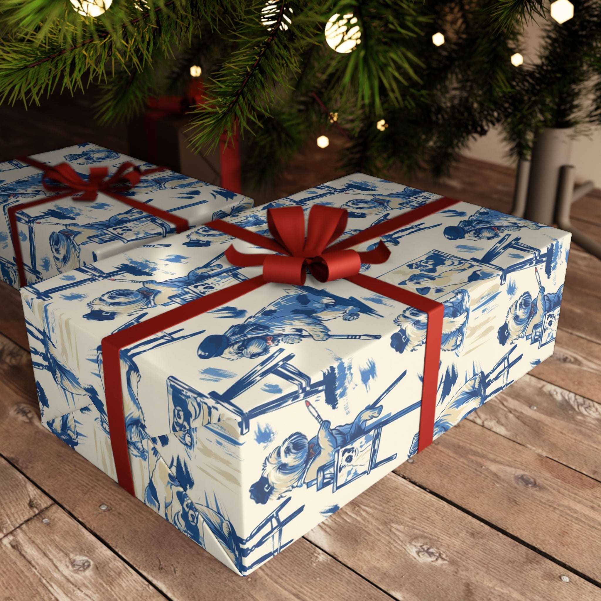 Blue Dog Painter Toile Wrapping Paper – Cute Artistic Puppy Gift Wrap, Vintage French Illustration Style, Luxury Boutique Packaging