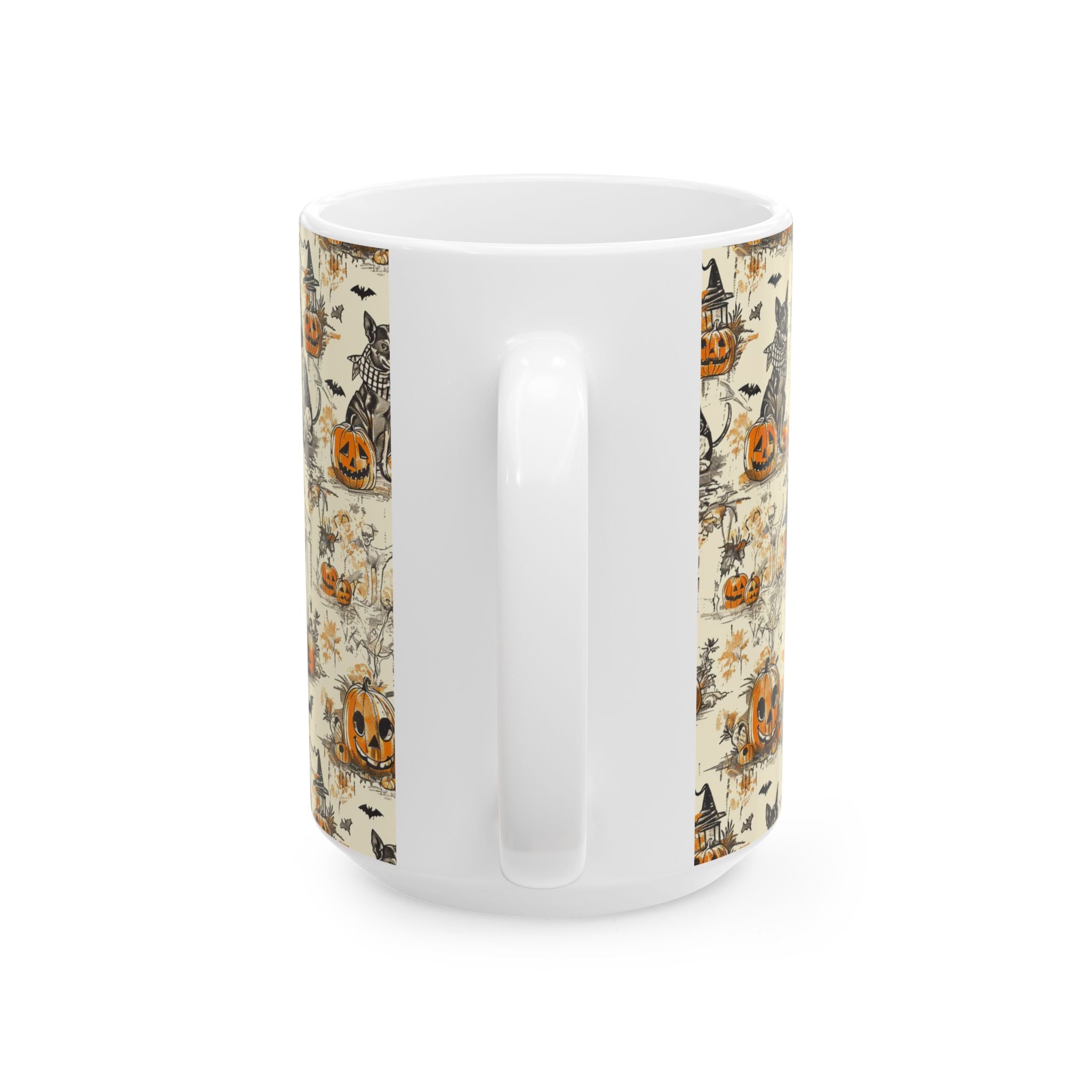 Vintage Halloween Dog Mug – Cozy Fall Coffee Cup with Pumpkins, Bats & Witchy Dogs