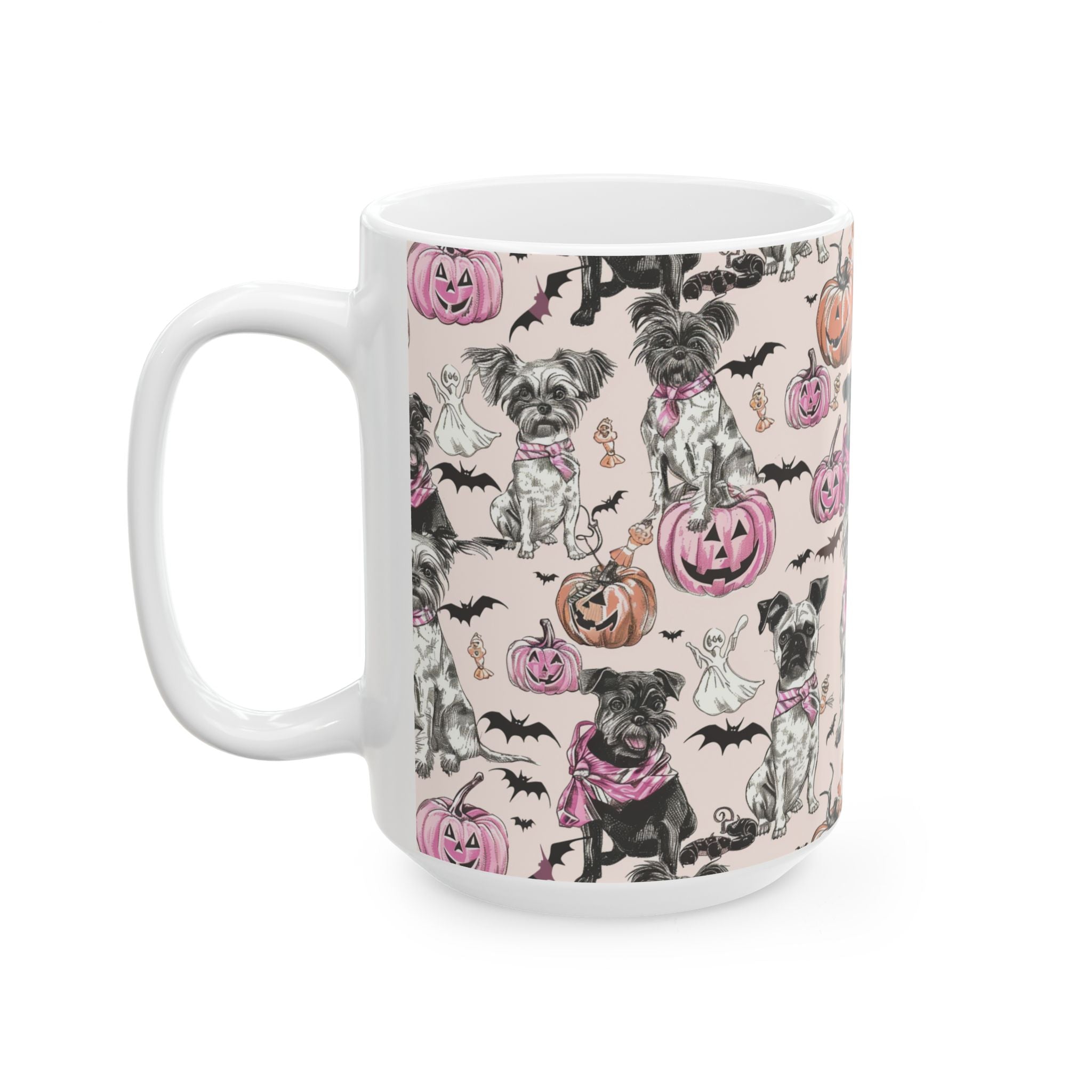 Pink Halloween Dog Mug – Cute Pug & Yorkie Coffee Cup with Pumpkins, Ghosts & Bats