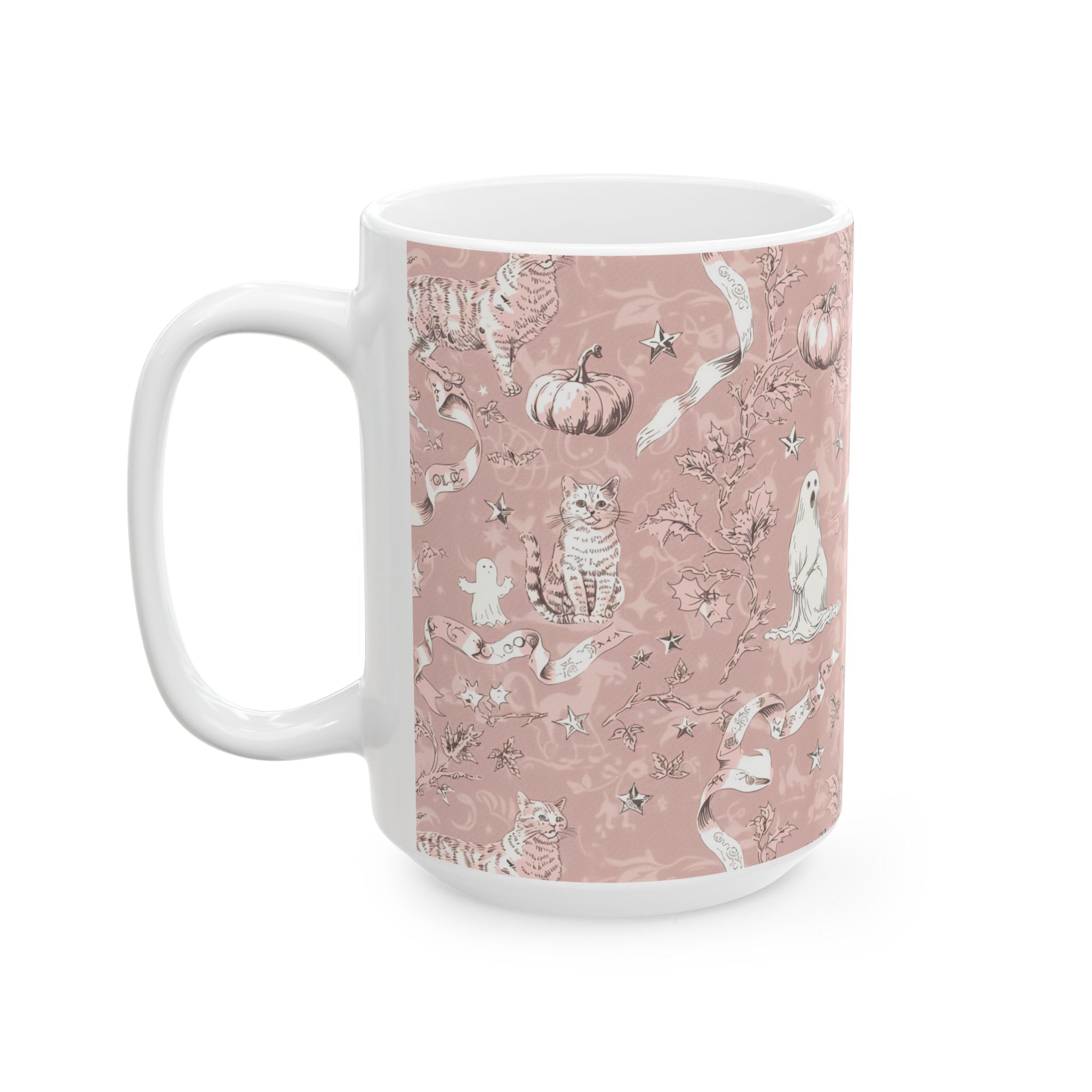 Blush Halloween Mug – Vintage Cat & Ghost Toile | Cozy Fall Coffee Cup