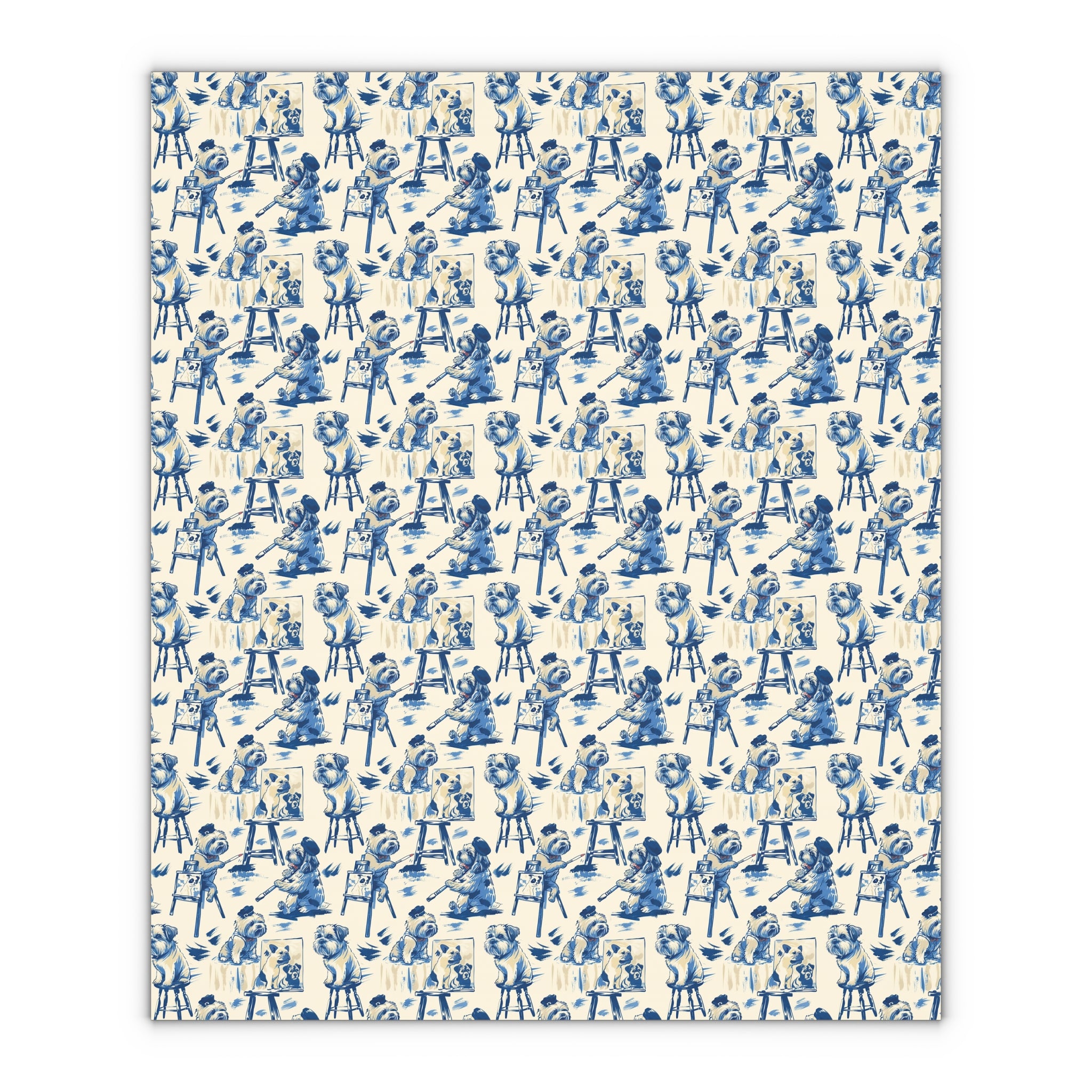 Blue Dog Painter Toile Wrapping Paper – Cute Artistic Puppy Gift Wrap, Vintage French Illustration Style, Luxury Boutique Packaging