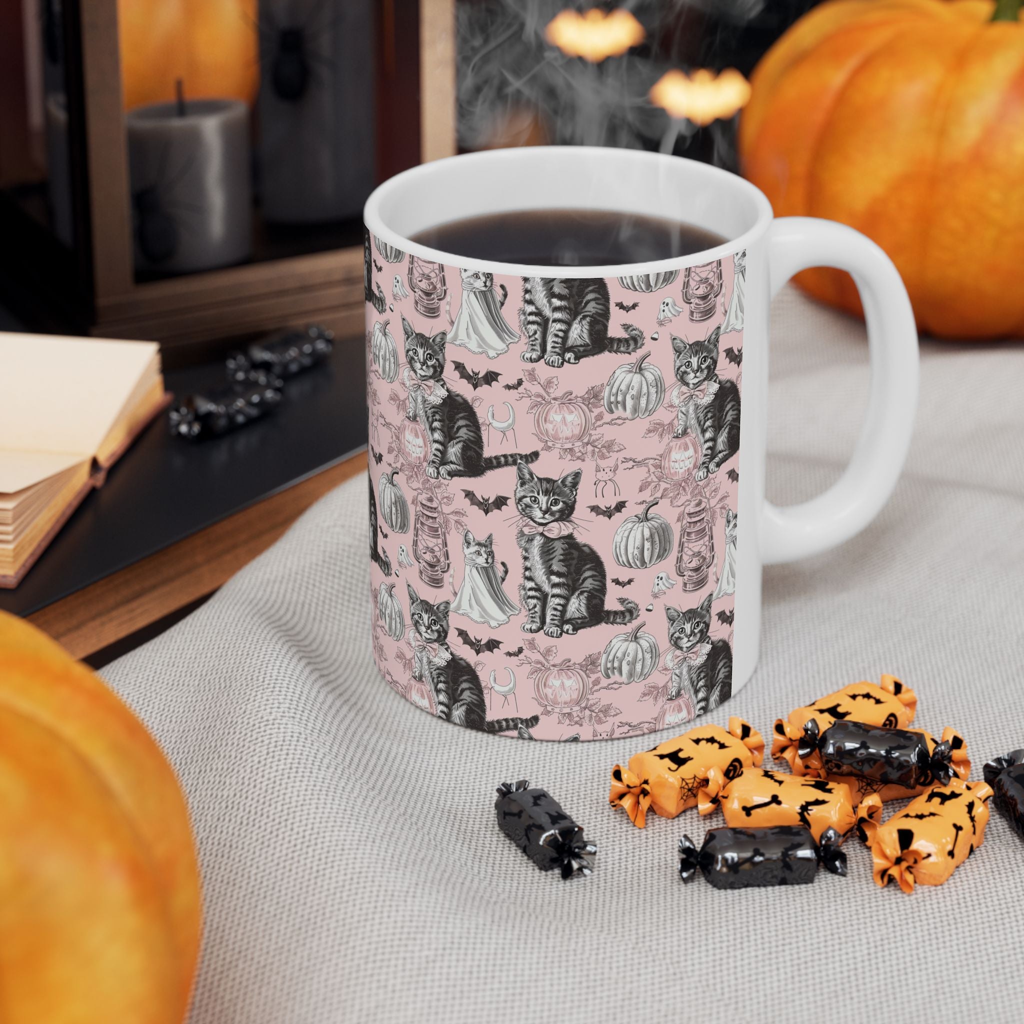 Blush Vintage Halloween Cat Mug – Cozy Pink Coffee Cup with Ghosts, Pumpkins & Black Cats