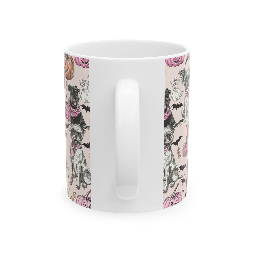 Pink Halloween Dog Mug – Cute Pug & Yorkie Coffee Cup with Pumpkins, Ghosts & Bats