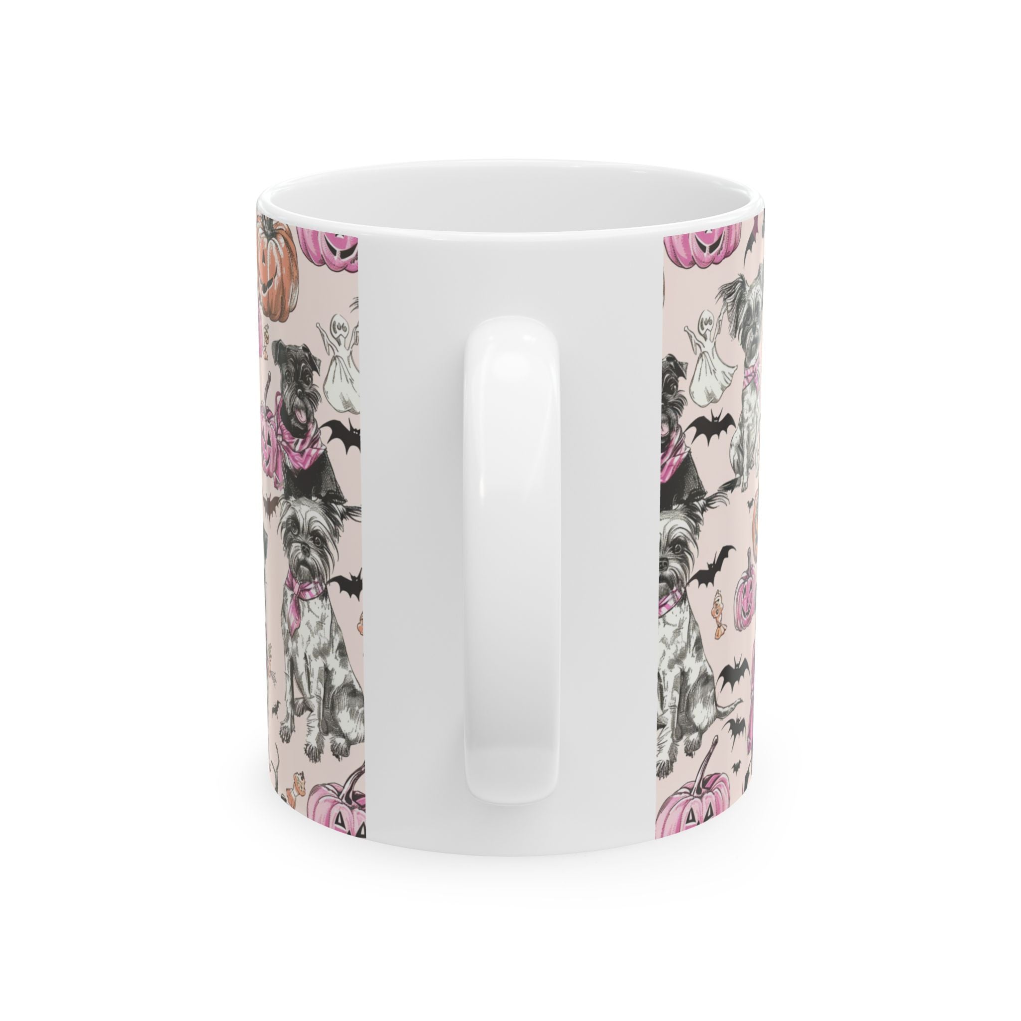 Pink Halloween Dog Mug – Cute Pug & Yorkie Coffee Cup with Pumpkins, Ghosts & Bats
