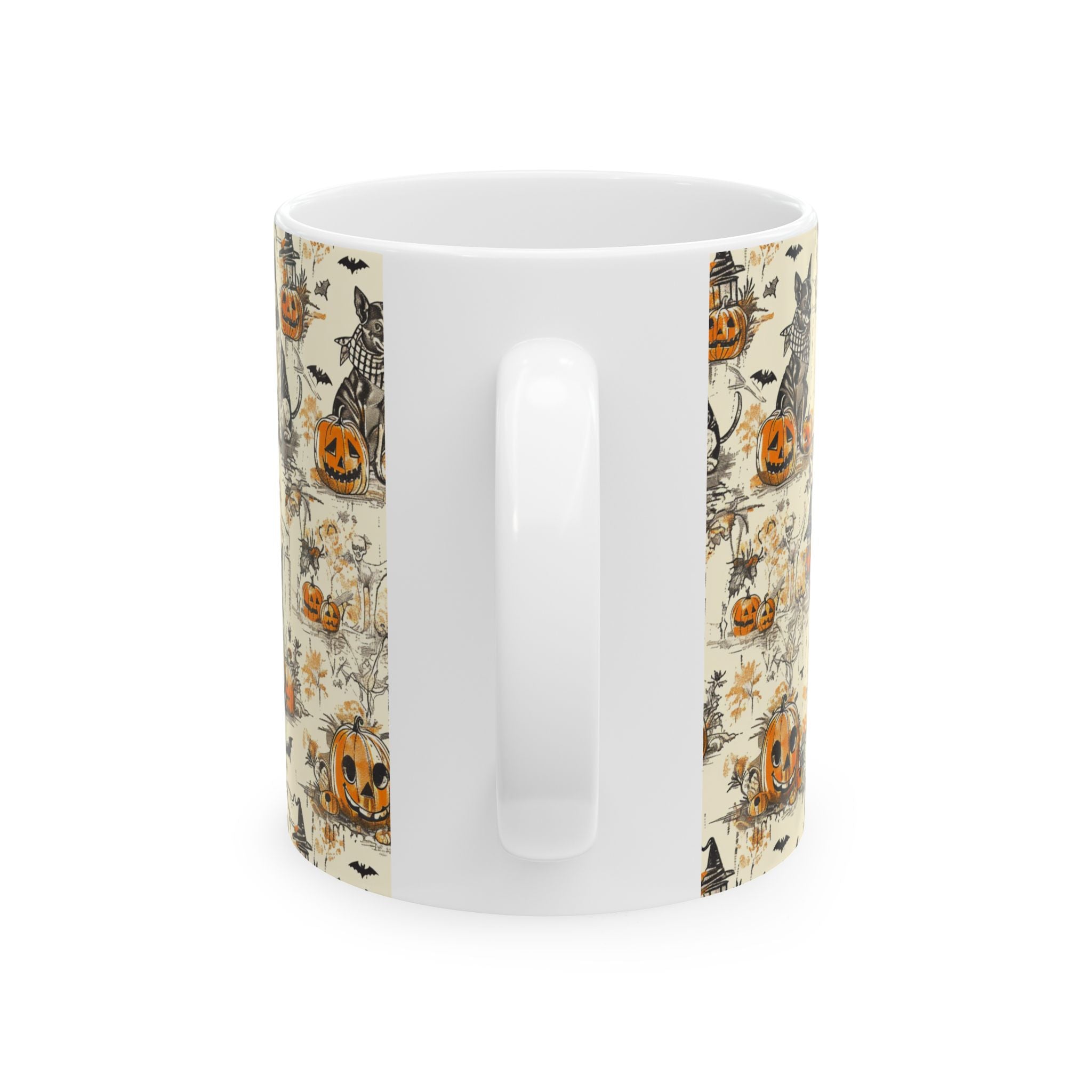 Vintage Halloween Dog Mug – Cozy Fall Coffee Cup with Pumpkins, Bats & Witchy Dogs