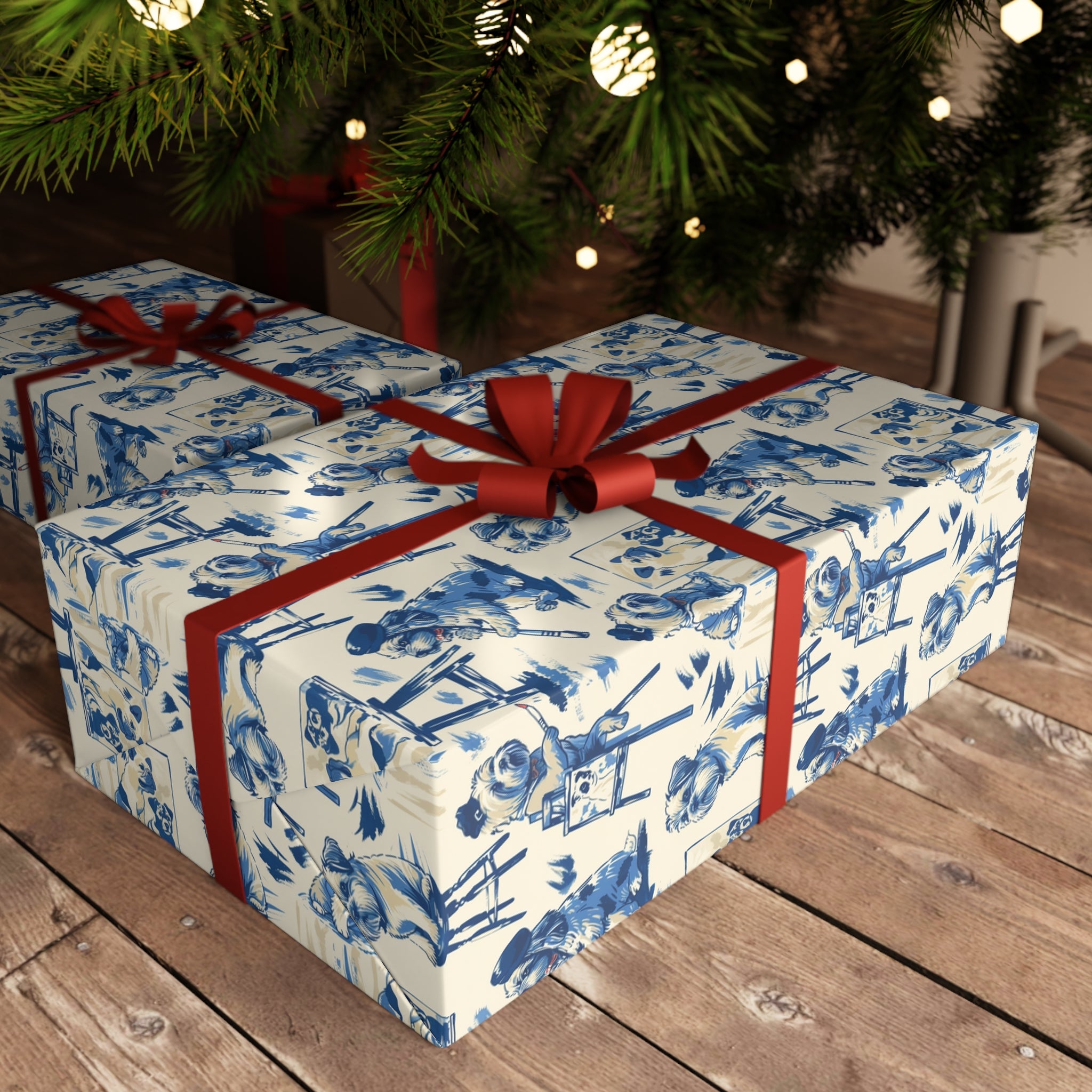Blue Dog Painter Toile Wrapping Paper – Cute Artistic Puppy Gift Wrap, Vintage French Illustration Style, Luxury Boutique Packaging