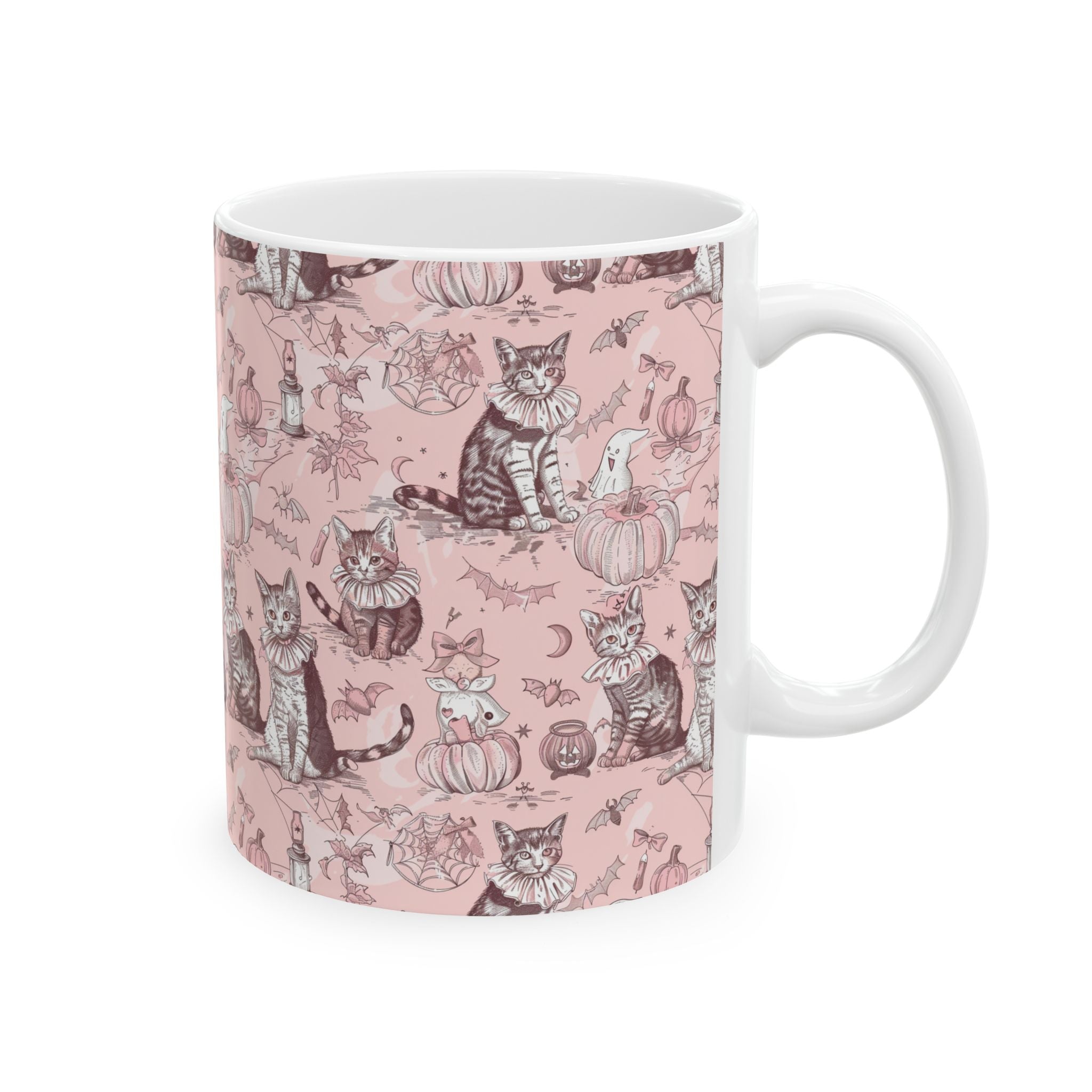 Blush Halloween Cat Mug – Cute Vintage Cats, Pumpkins & Ghosts Coffee Cup for Fall Lovers