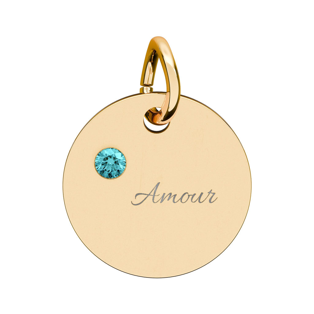 AMOUR Gold Plate CZ Ruby Charm – Romantic Keepsake Pendant, Birthstone Circle Charm (Engraving)