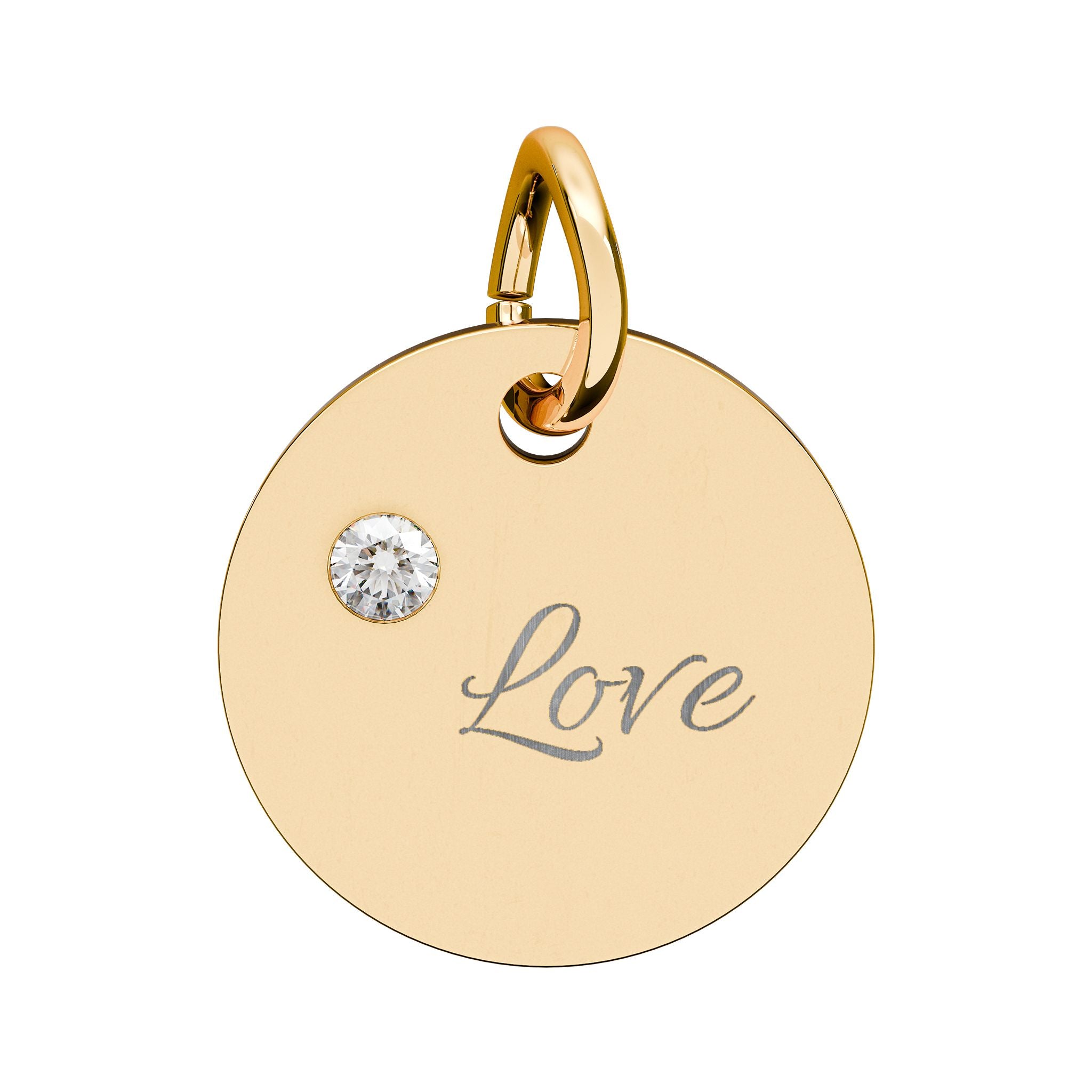 LOVE — Gold Plated Ruby Valentine Charm,  Birthstone Circle Charm (Engraving)
