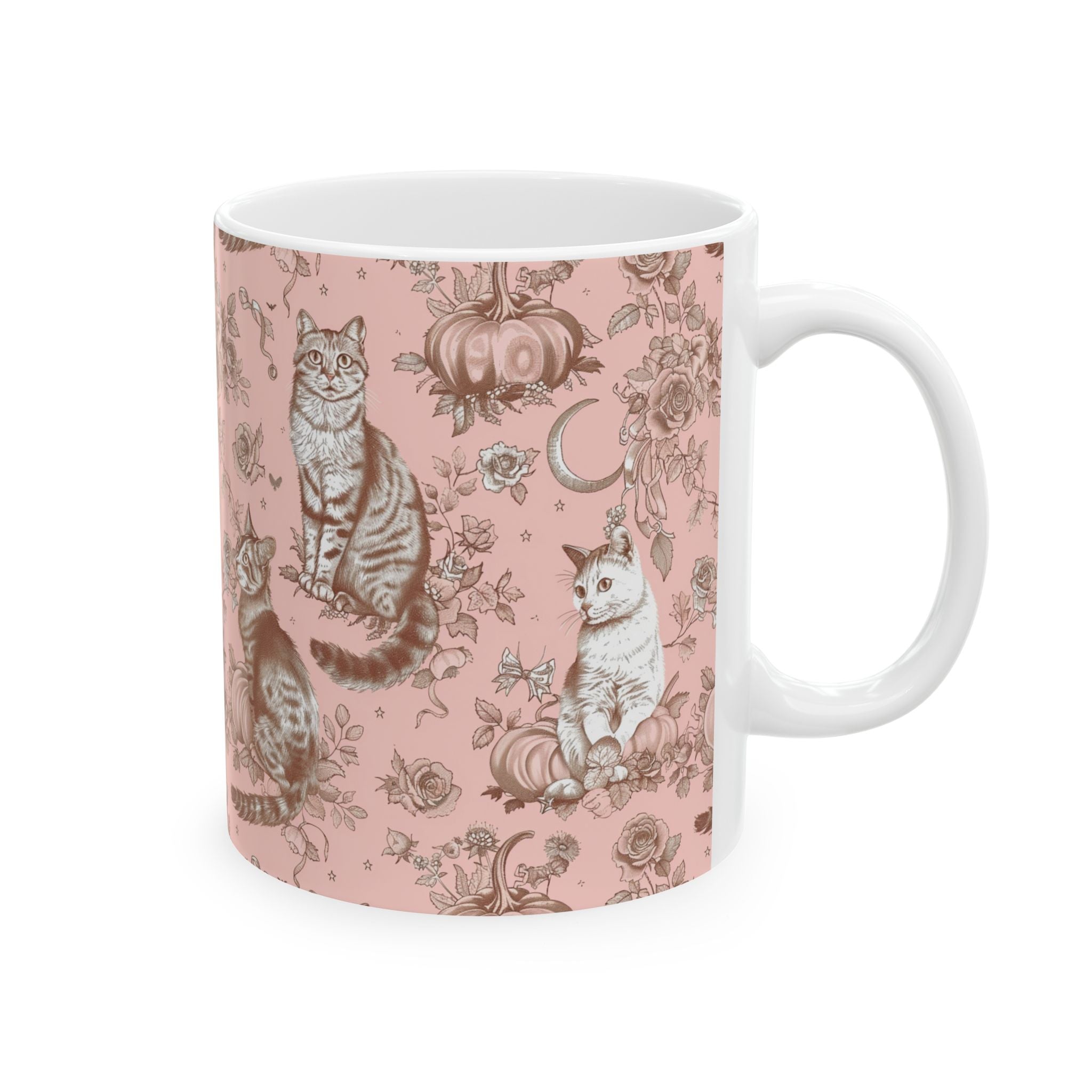 Vintage Blush Cat Mug – Pumpkin & Rose Toile Coffee Cup | Cozy Fall Gift for Cat Lovers