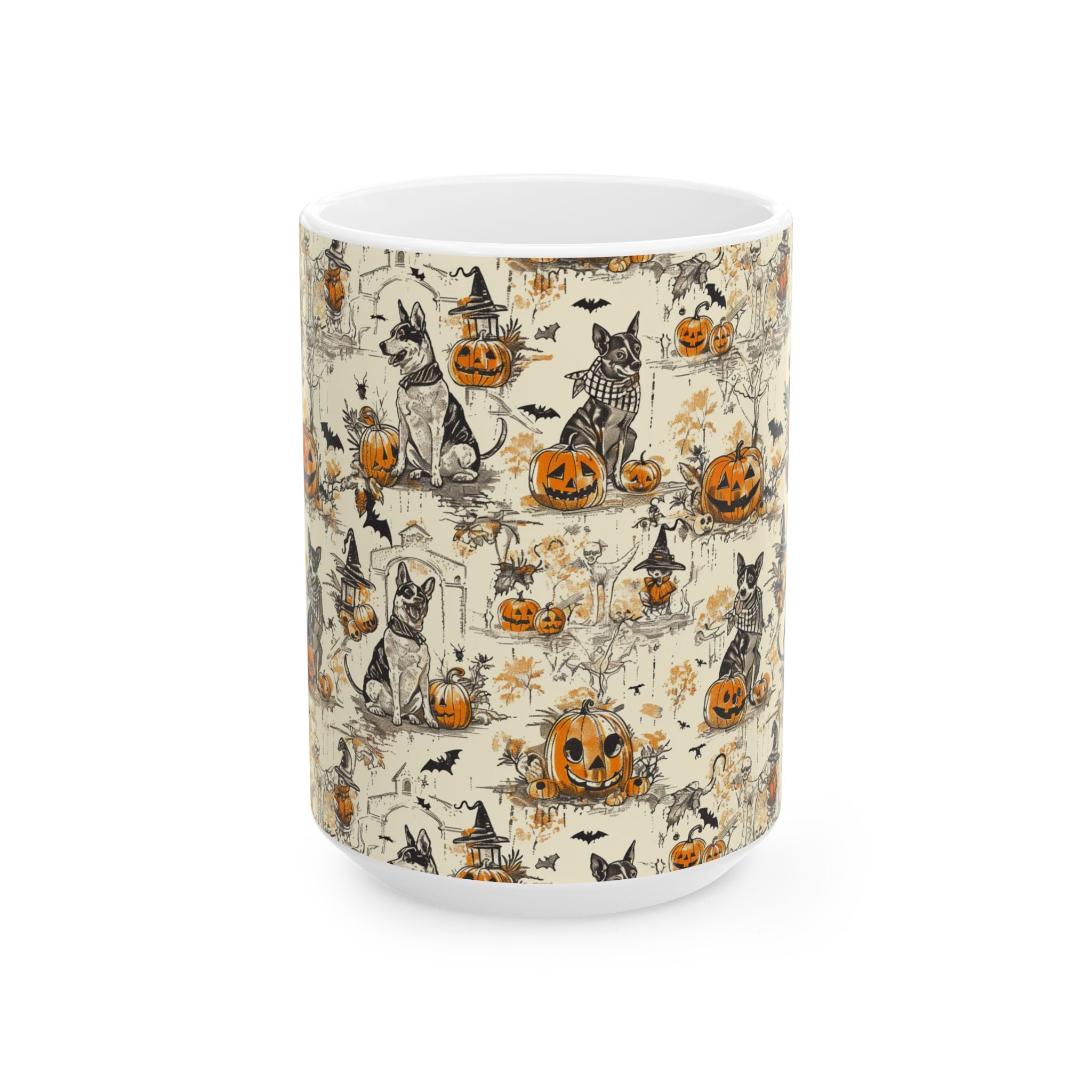 Vintage Halloween Dog Mug – Cozy Fall Coffee Cup with Pumpkins, Bats & Witchy Dogs