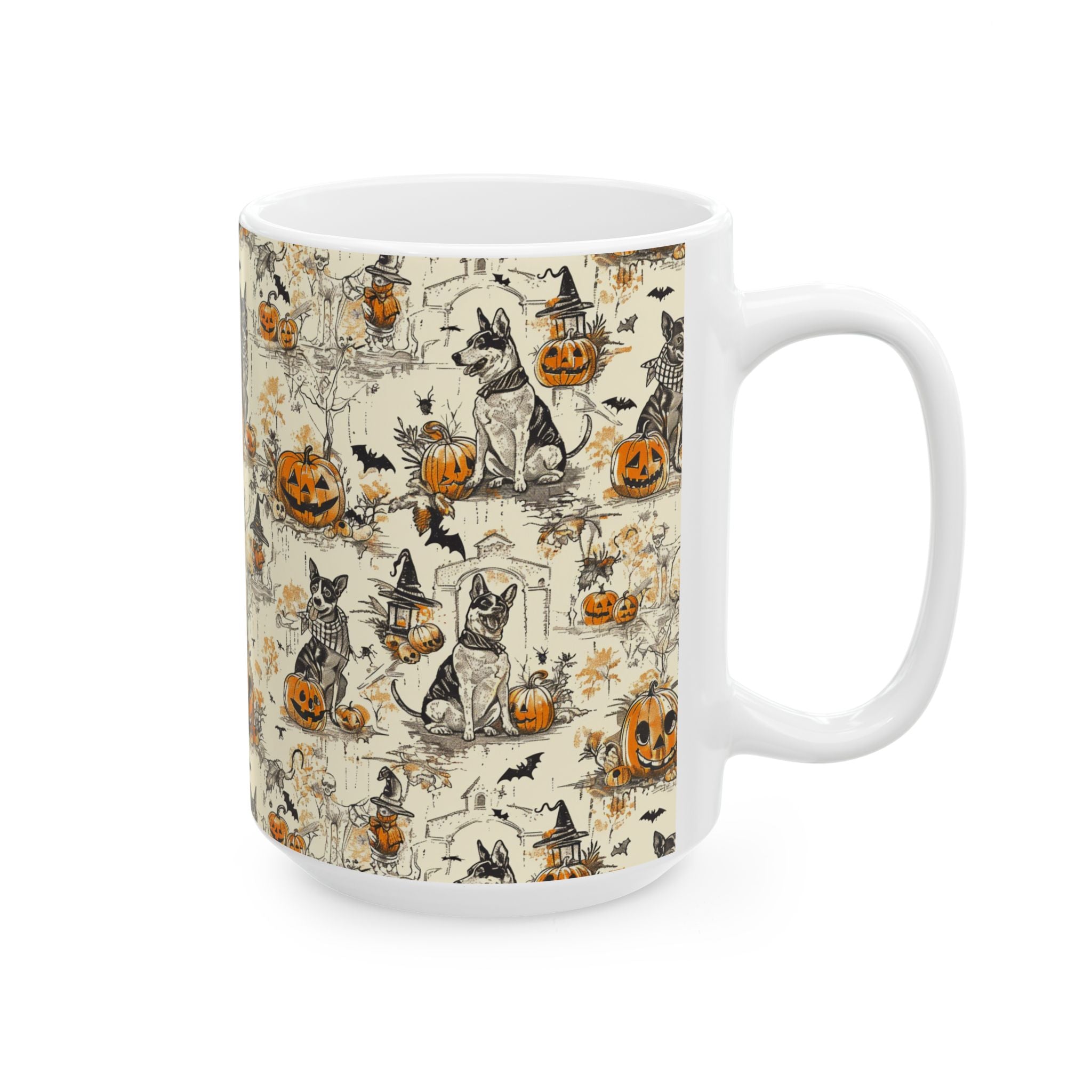 Vintage Halloween Dog Mug – Cozy Fall Coffee Cup with Pumpkins, Bats & Witchy Dogs