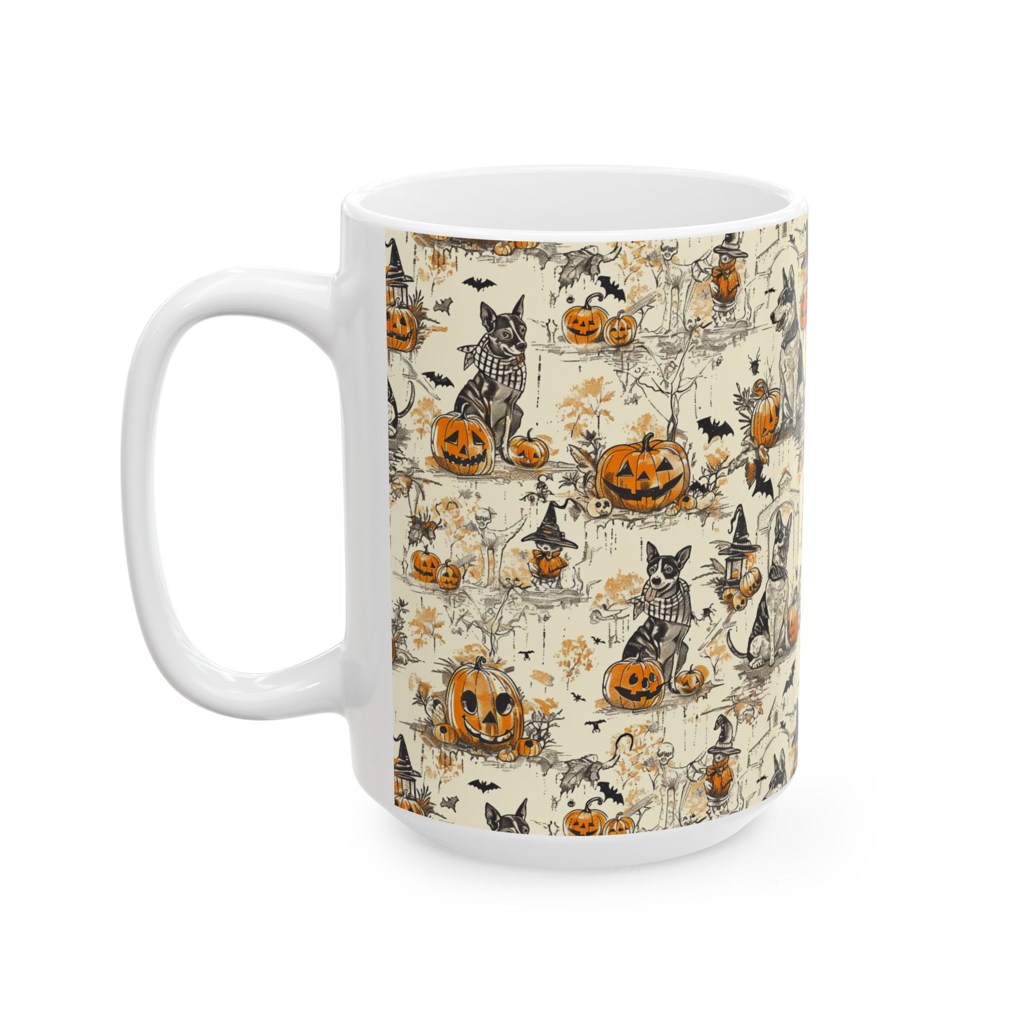Vintage Halloween Dog Mug – Cozy Fall Coffee Cup with Pumpkins, Bats & Witchy Dogs