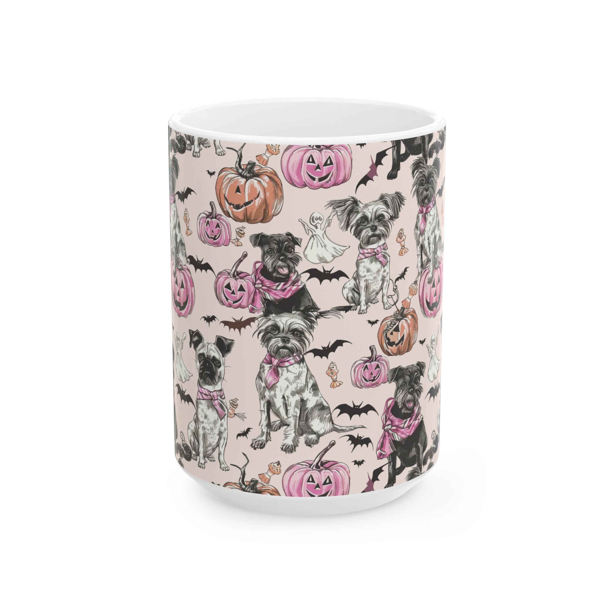Pink Halloween Dog Mug – Cute Pug & Yorkie Coffee Cup with Pumpkins, Ghosts & Bats