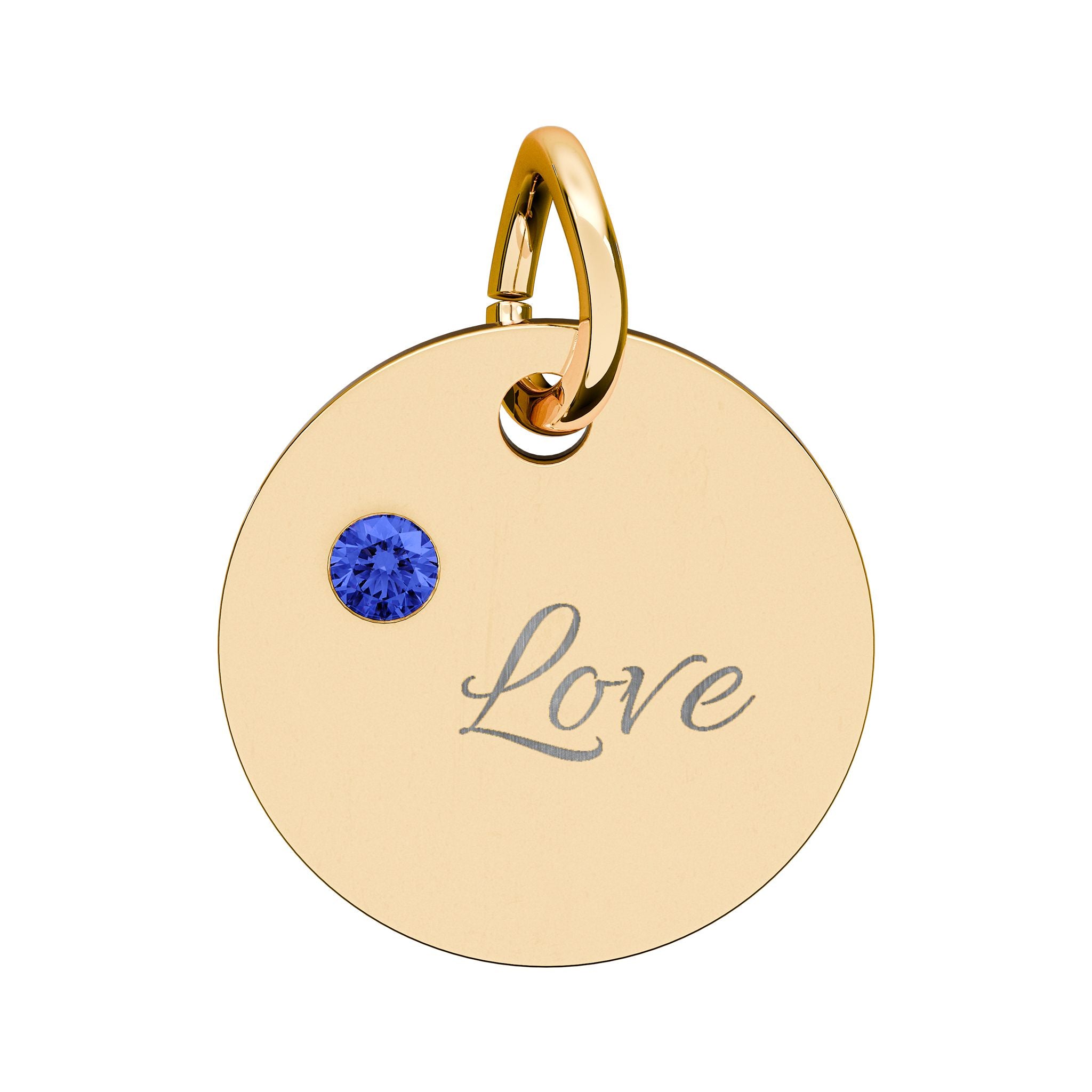 LOVE — Gold Plated Ruby Valentine Charm,  Birthstone Circle Charm (Engraving)