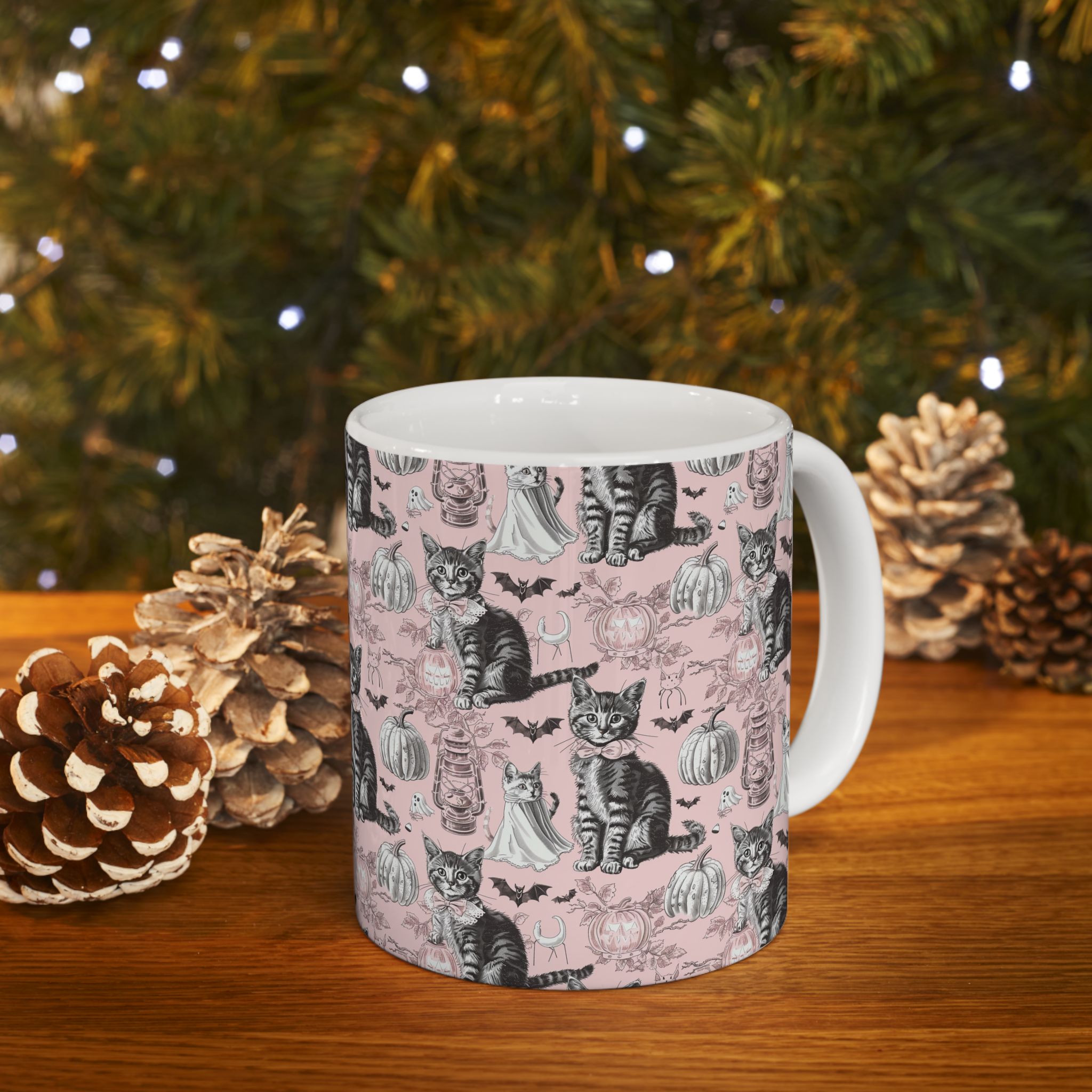 Blush Vintage Halloween Cat Mug – Cozy Pink Coffee Cup with Ghosts, Pumpkins & Black Cats