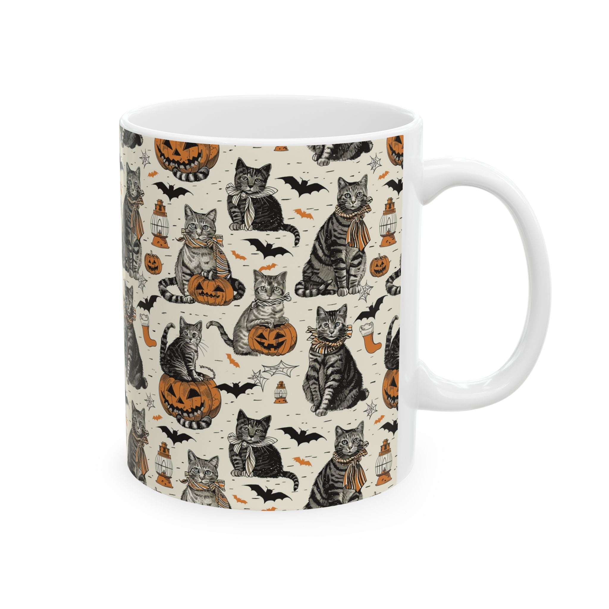 Vintage Halloween Cat Mug – Cozy Autumn Coffee Cup with Pumpkins, Bats & Black Cats