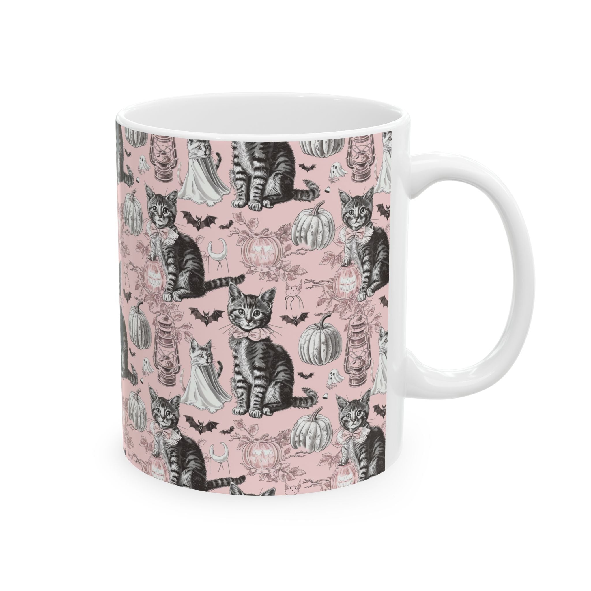 Blush Vintage Halloween Cat Mug – Cozy Pink Coffee Cup with Ghosts, Pumpkins & Black Cats