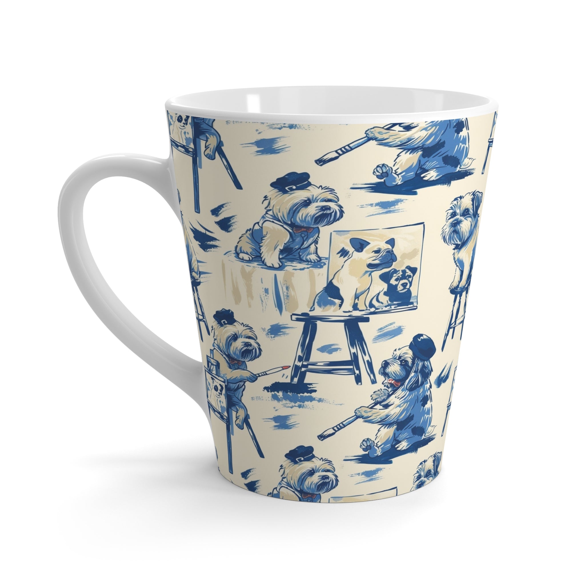 Blue Dog Painter Mug – Artistic Puppy Coffee Cup, Vintage Toile Illustration Style, Cute Dog Lover Gift, Creative Blue & Ivory Pattern