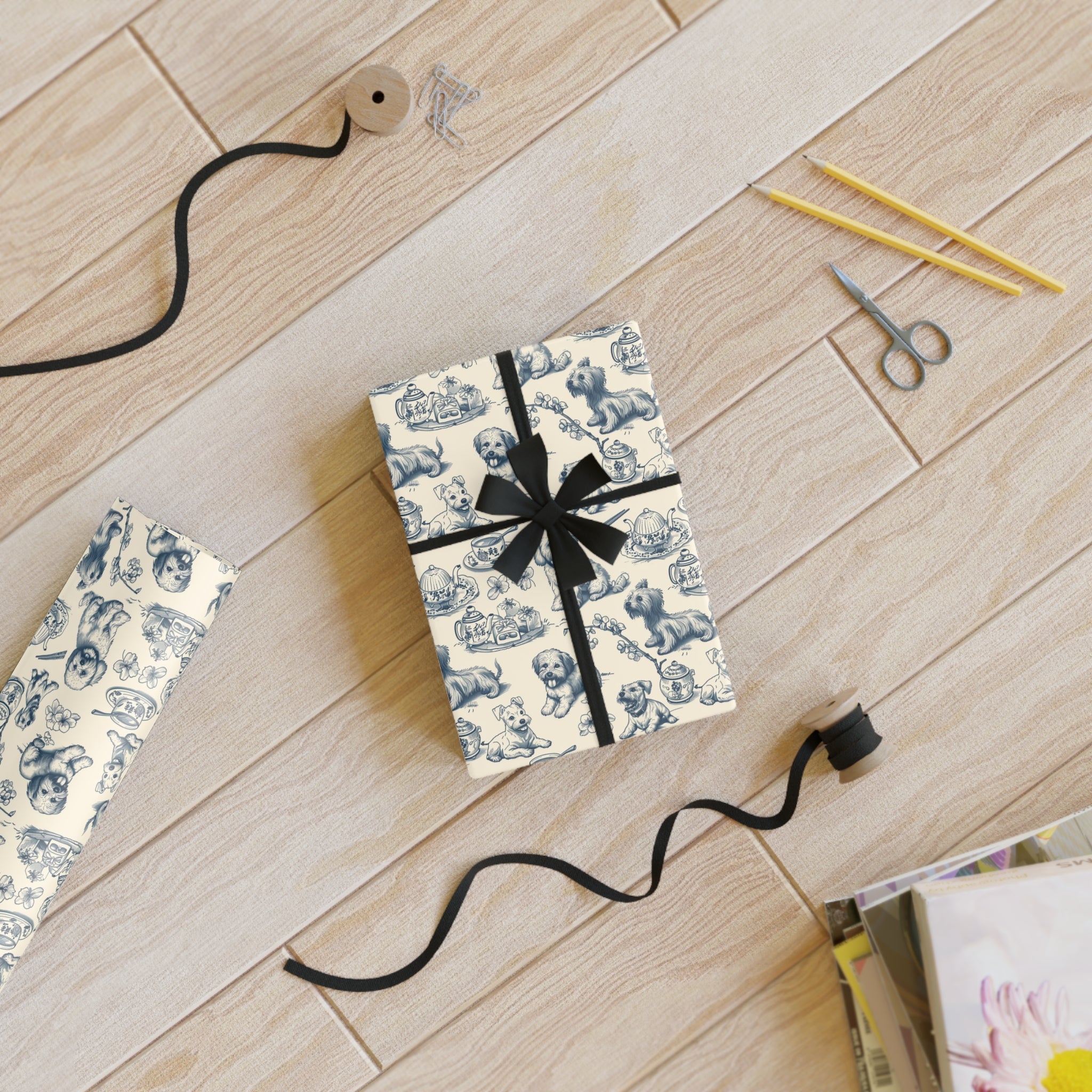 Blue Toile Puppy Wrapping Paper – Vintage Dog Pattern Gift Wrap for Baby Showers, Birthdays & Pet Lovers