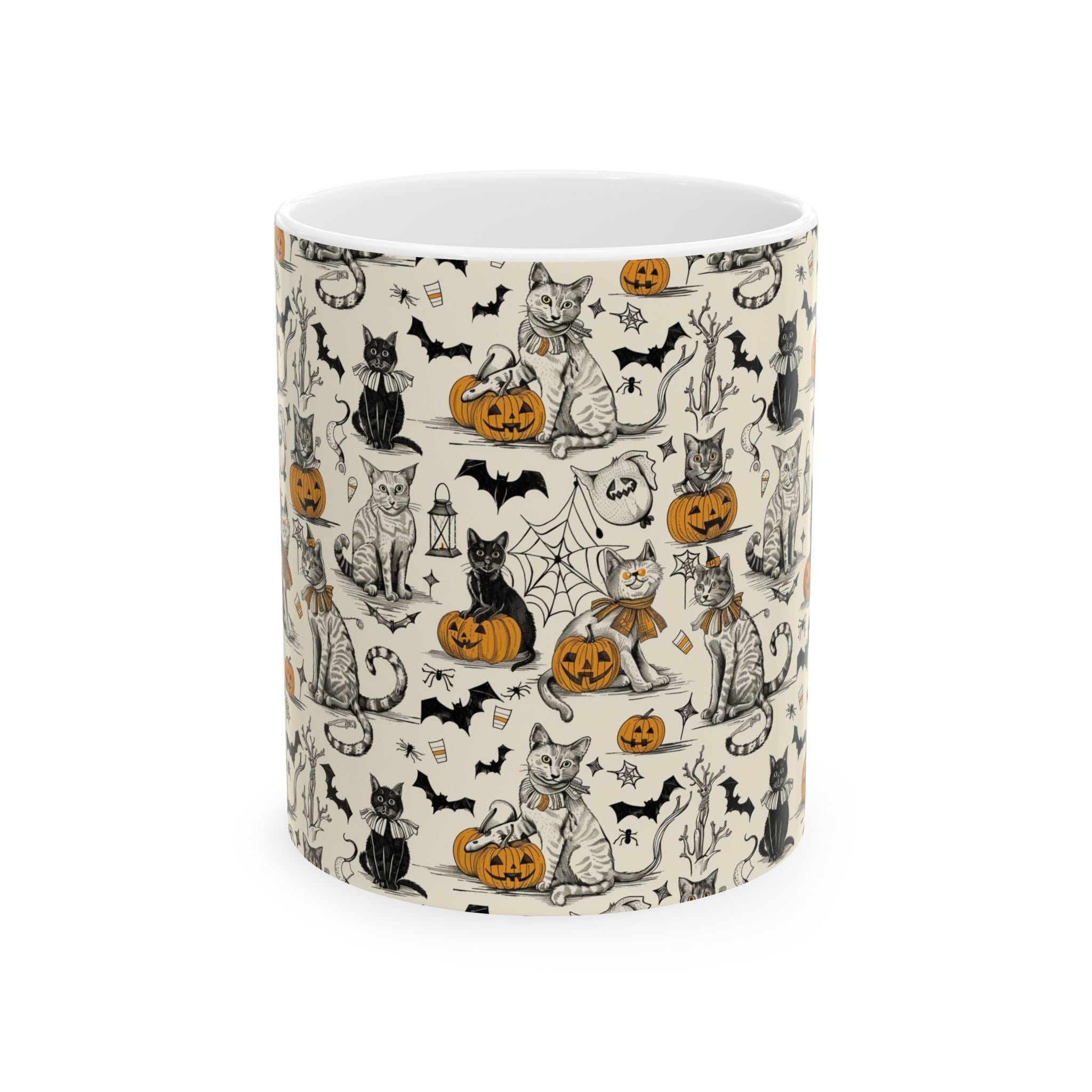 Cozy Vintage Halloween Cat Mug – Adorable Black Cats, Pumpkins & Bats Coffee Cup for Fall Lovers