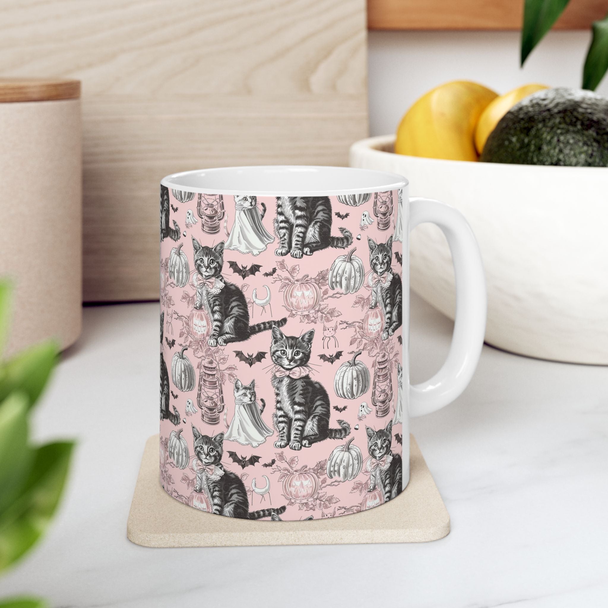 Blush Vintage Halloween Cat Mug – Cozy Pink Coffee Cup with Ghosts, Pumpkins & Black Cats