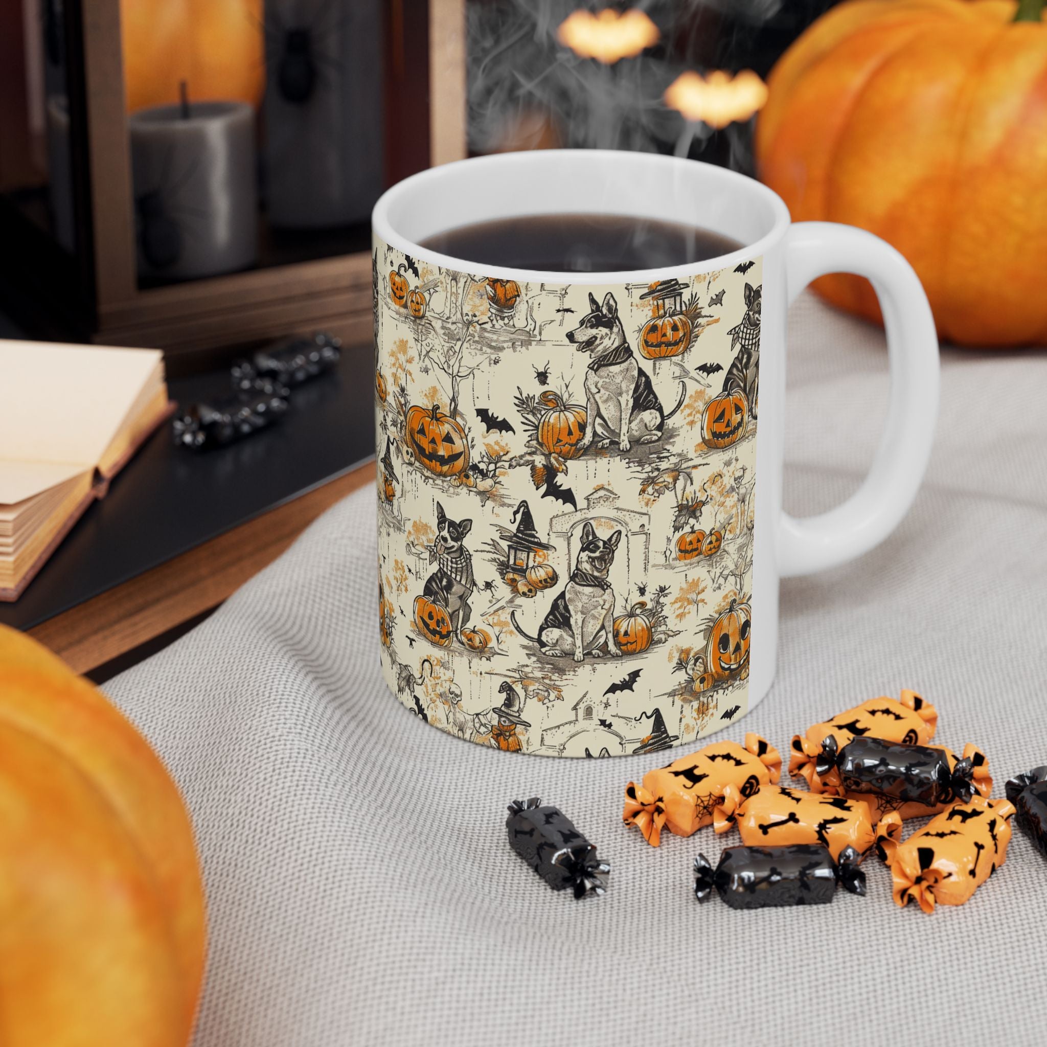 Vintage Halloween Dog Mug – Cozy Fall Coffee Cup with Pumpkins, Bats & Witchy Dogs
