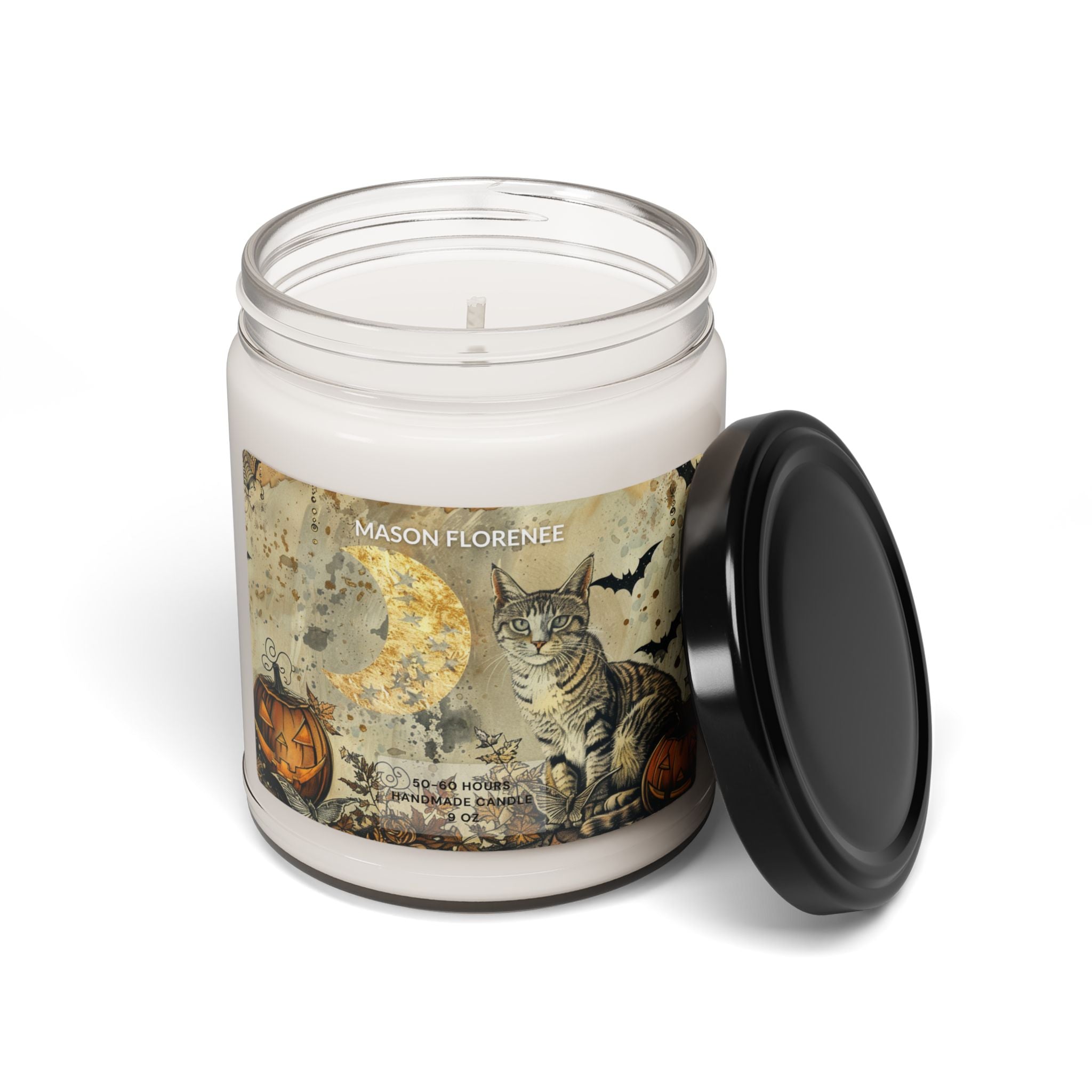 Maison Florenne™ Enchanted Black Cat Halloween Candle – Luxury Hand-Poured Soy, 50–60 Hours Burn