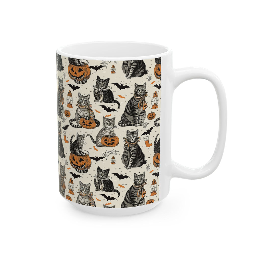 Vintage Halloween Cat Mug – Cozy Autumn Coffee Cup with Pumpkins, Bats & Black Cats