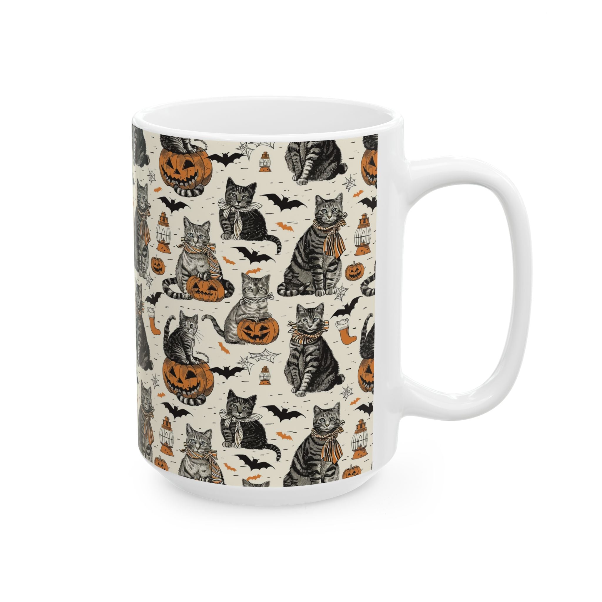 Vintage Halloween Cat Mug – Cozy Autumn Coffee Cup with Pumpkins, Bats & Black Cats