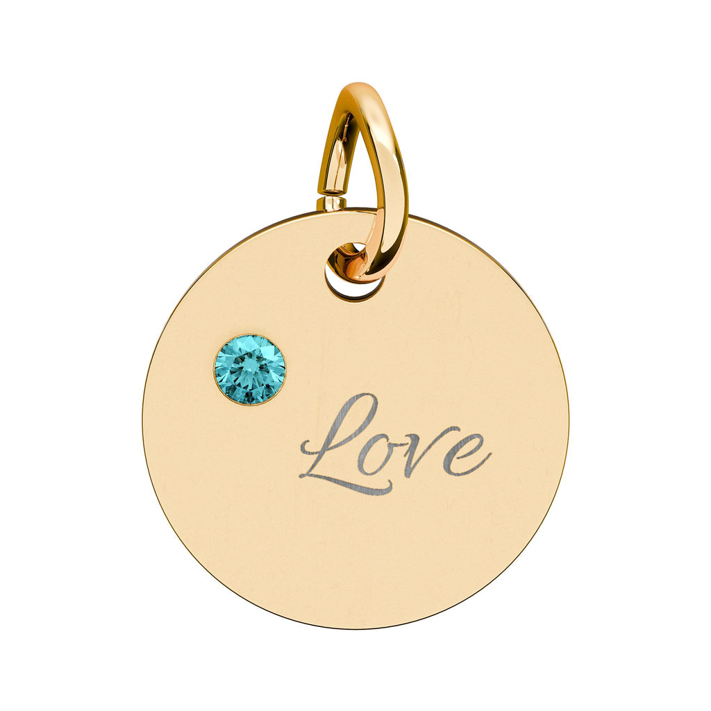 LOVE — Gold Plated Ruby Valentine Charm,  Birthstone Circle Charm (Engraving)