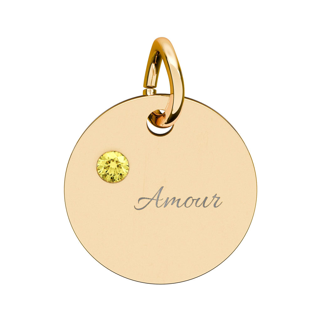 AMOUR Gold Plate CZ Ruby Charm – Romantic Keepsake Pendant, Birthstone Circle Charm (Engraving)