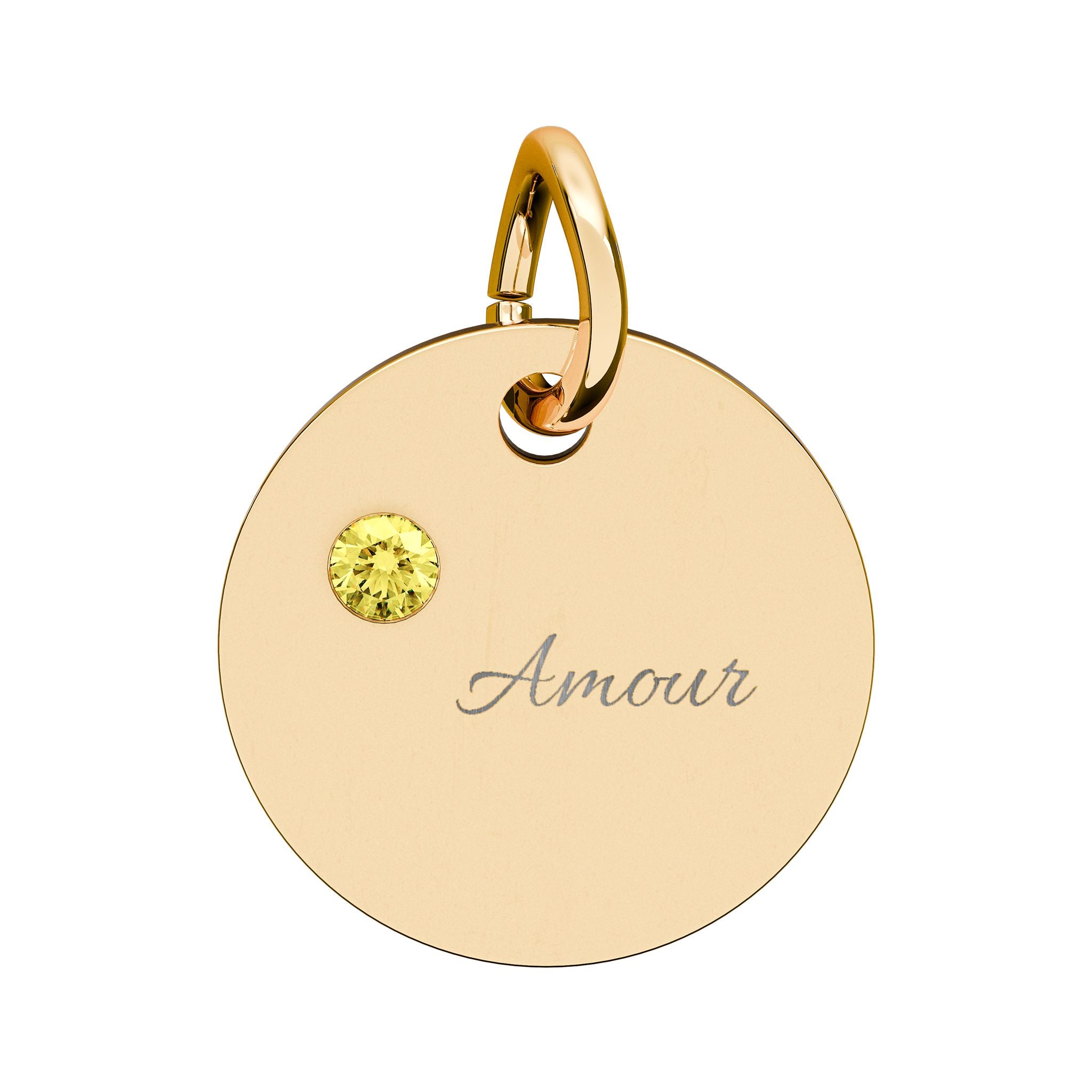 AMOUR Gold Plate CZ Ruby Charm – Romantic Keepsake Pendant, Birthstone Circle Charm (Engraving)