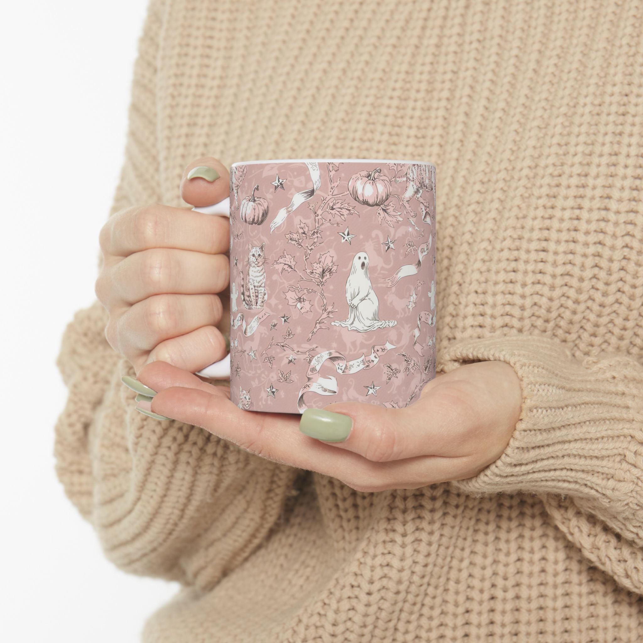 Blush Halloween Mug – Vintage Cat & Ghost Toile | Cozy Fall Coffee Cup
