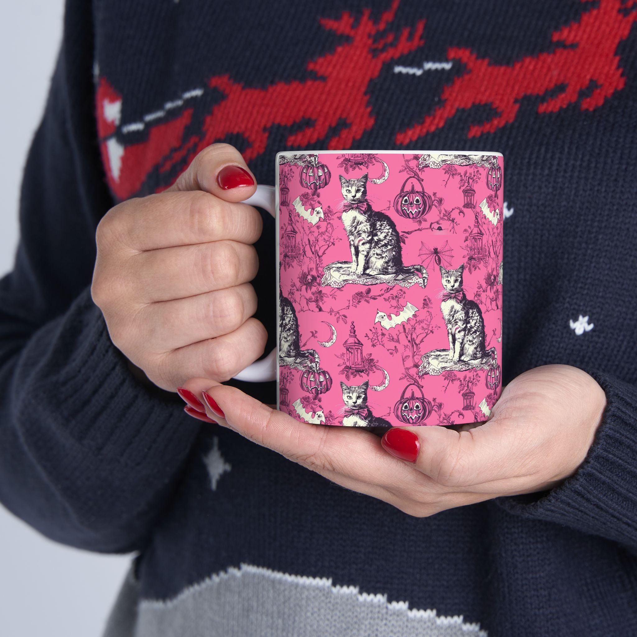Pink Gothic Halloween Cat Mug – Vintage Black Cat Toile Coffee Cup for Fall Lovers