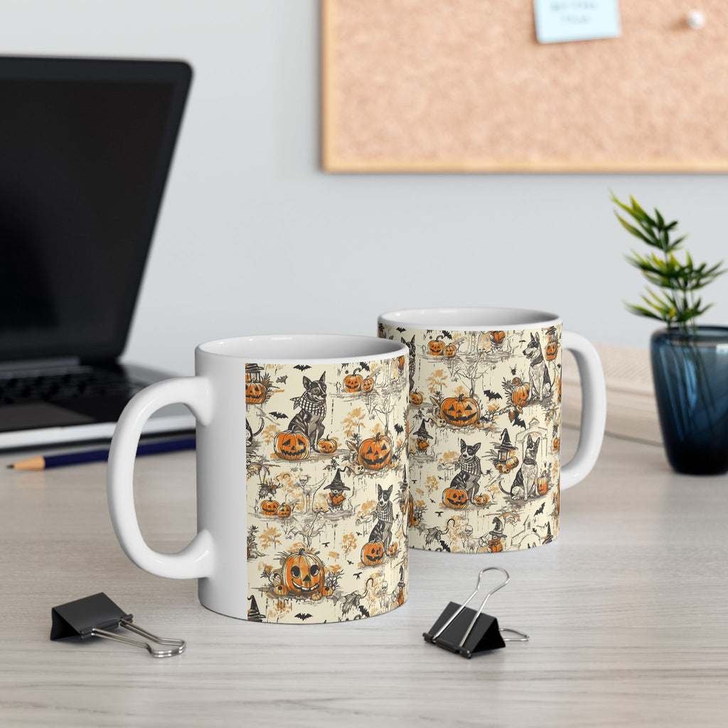 Vintage Halloween Dog Mug – Cozy Fall Coffee Cup with Pumpkins, Bats & Witchy Dogs