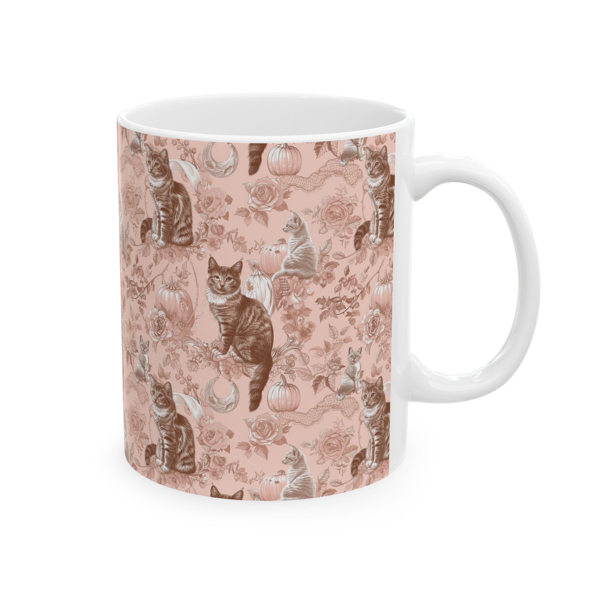 Blush Pumpkin Cat Mug – Vintage Toile Coffee Cup | Cozy Fall Gift for Cat Lovers