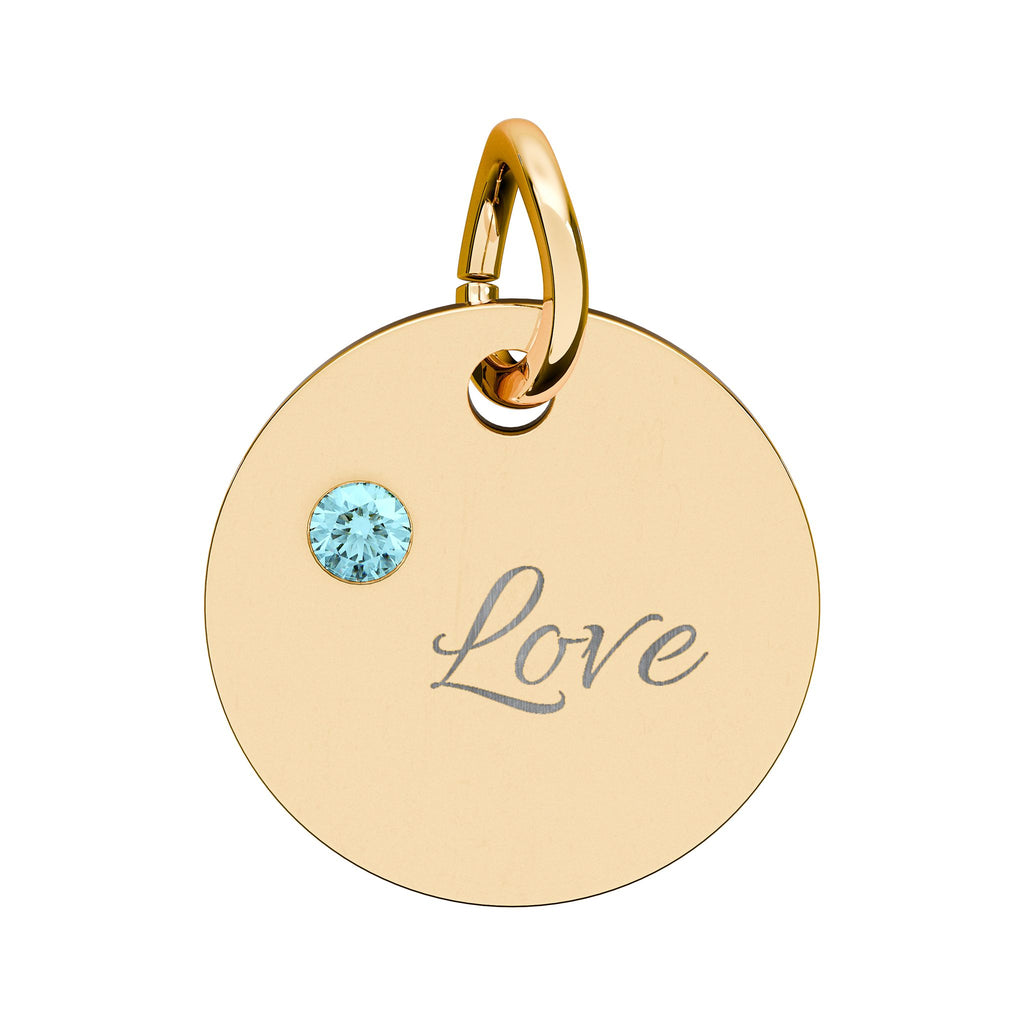 LOVE — Gold Plated Ruby Valentine Charm,  Birthstone Circle Charm (Engraving)