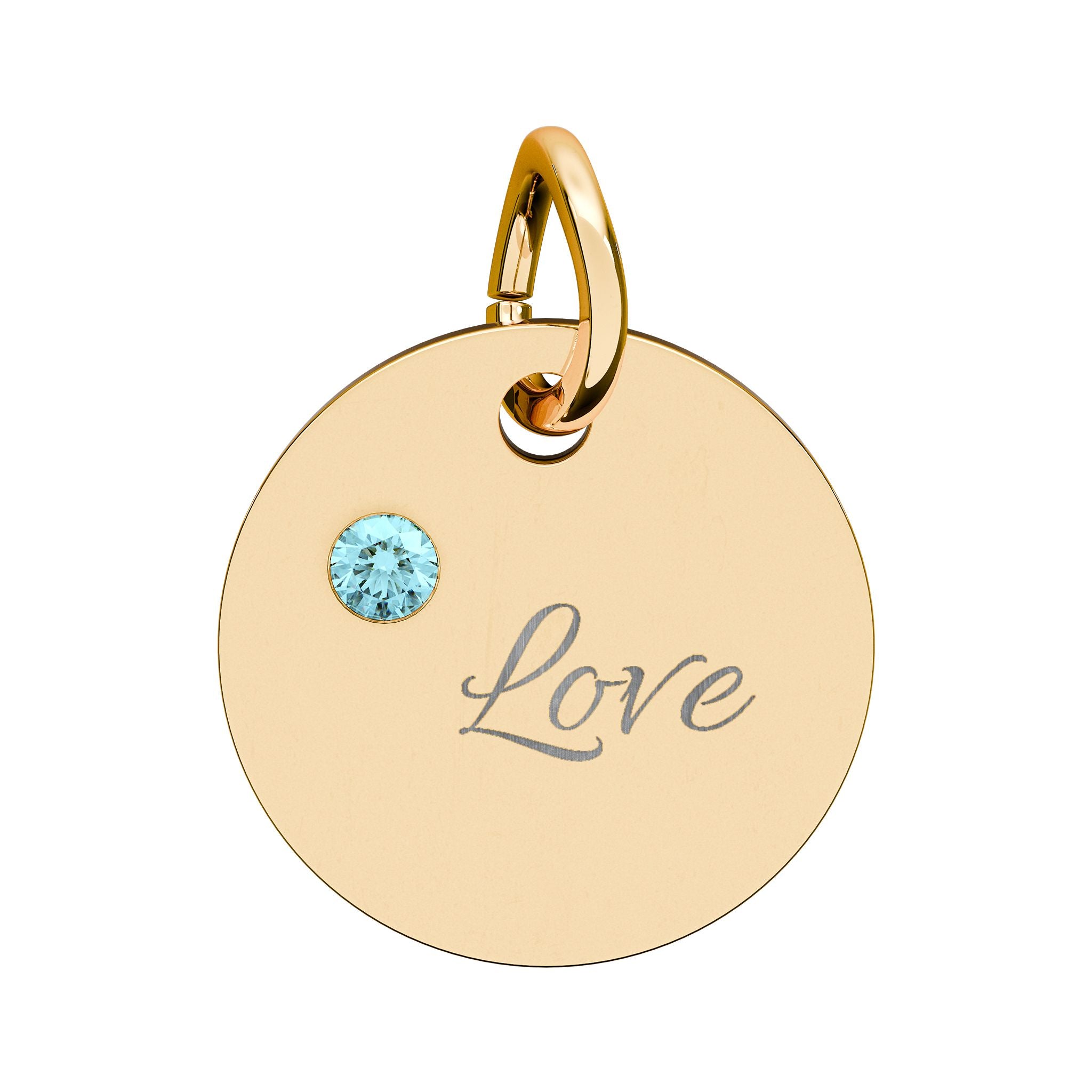 LOVE — Gold Plated Ruby Valentine Charm,  Birthstone Circle Charm (Engraving)