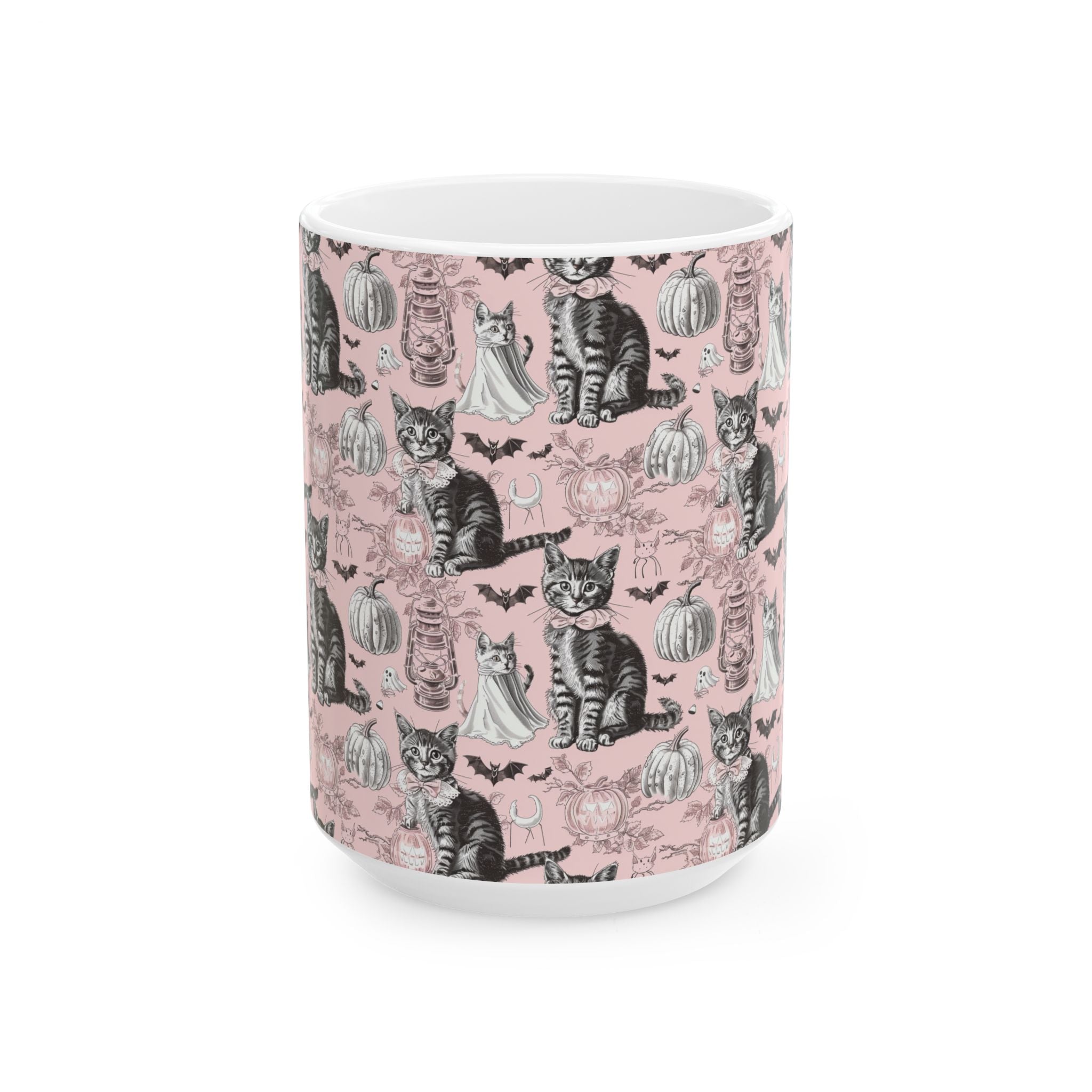 Blush Vintage Halloween Cat Mug – Cozy Pink Coffee Cup with Ghosts, Pumpkins & Black Cats