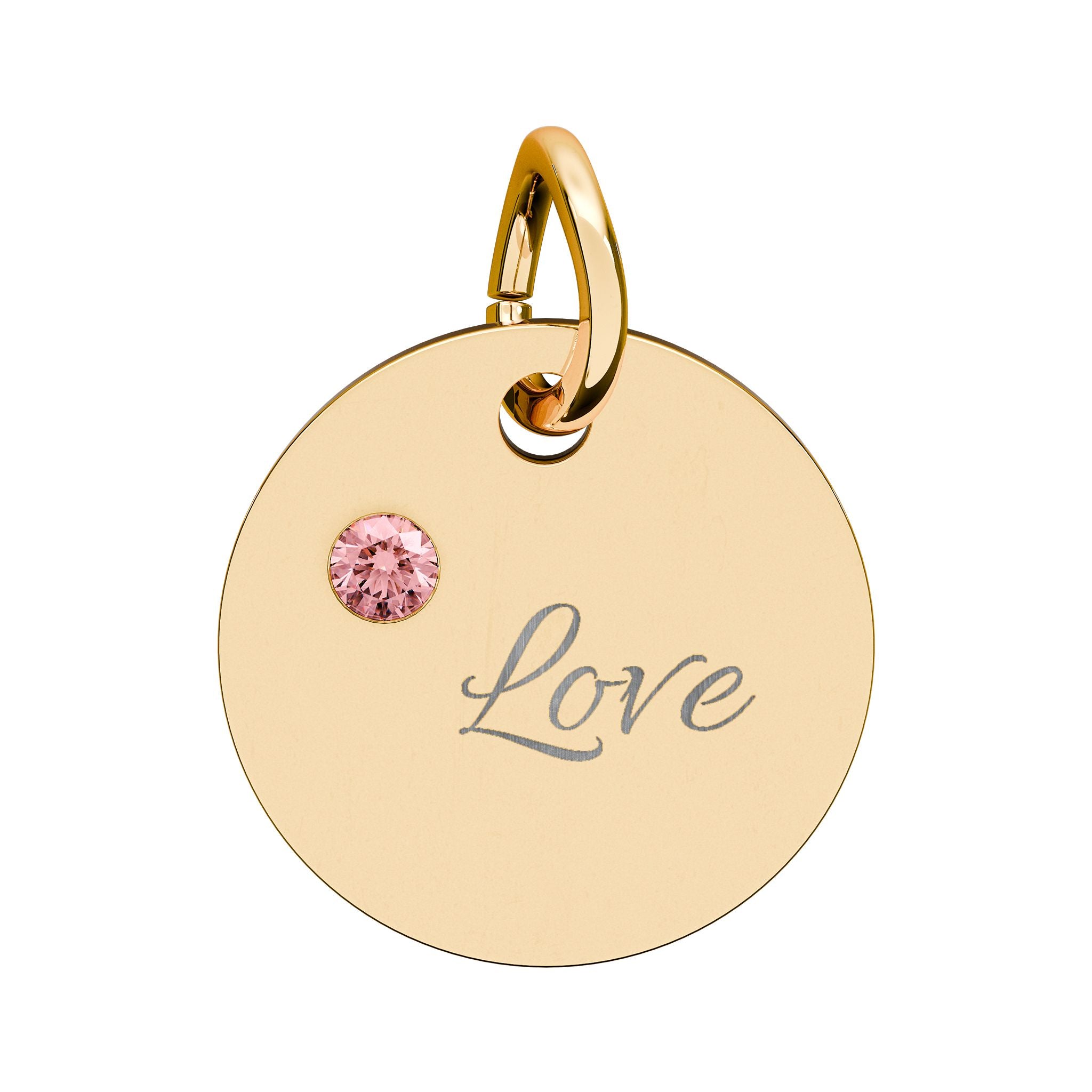 LOVE — Gold Plated Ruby Valentine Charm,  Birthstone Circle Charm (Engraving)