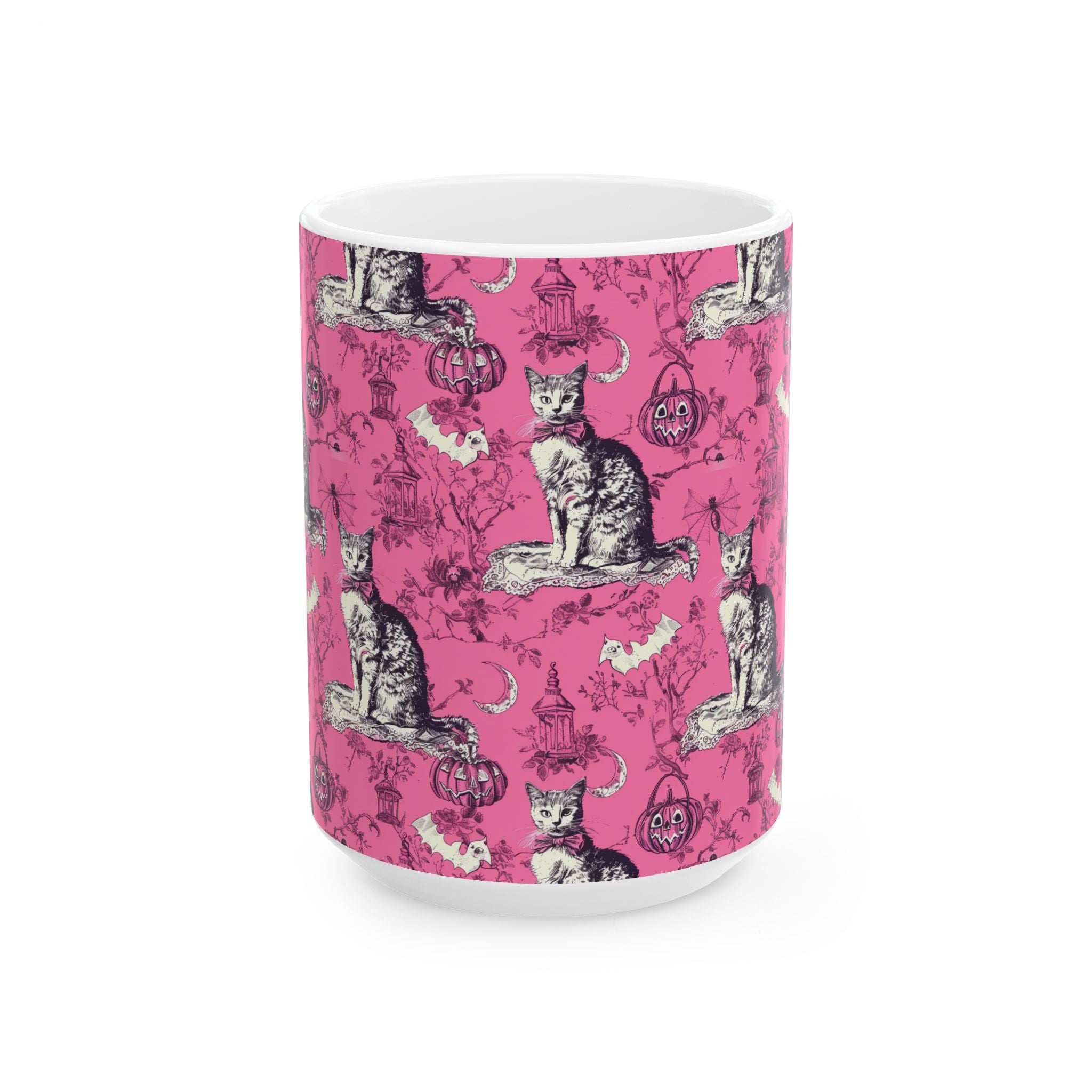 Pink Gothic Halloween Cat Mug – Vintage Black Cat Toile Coffee Cup for Fall Lovers