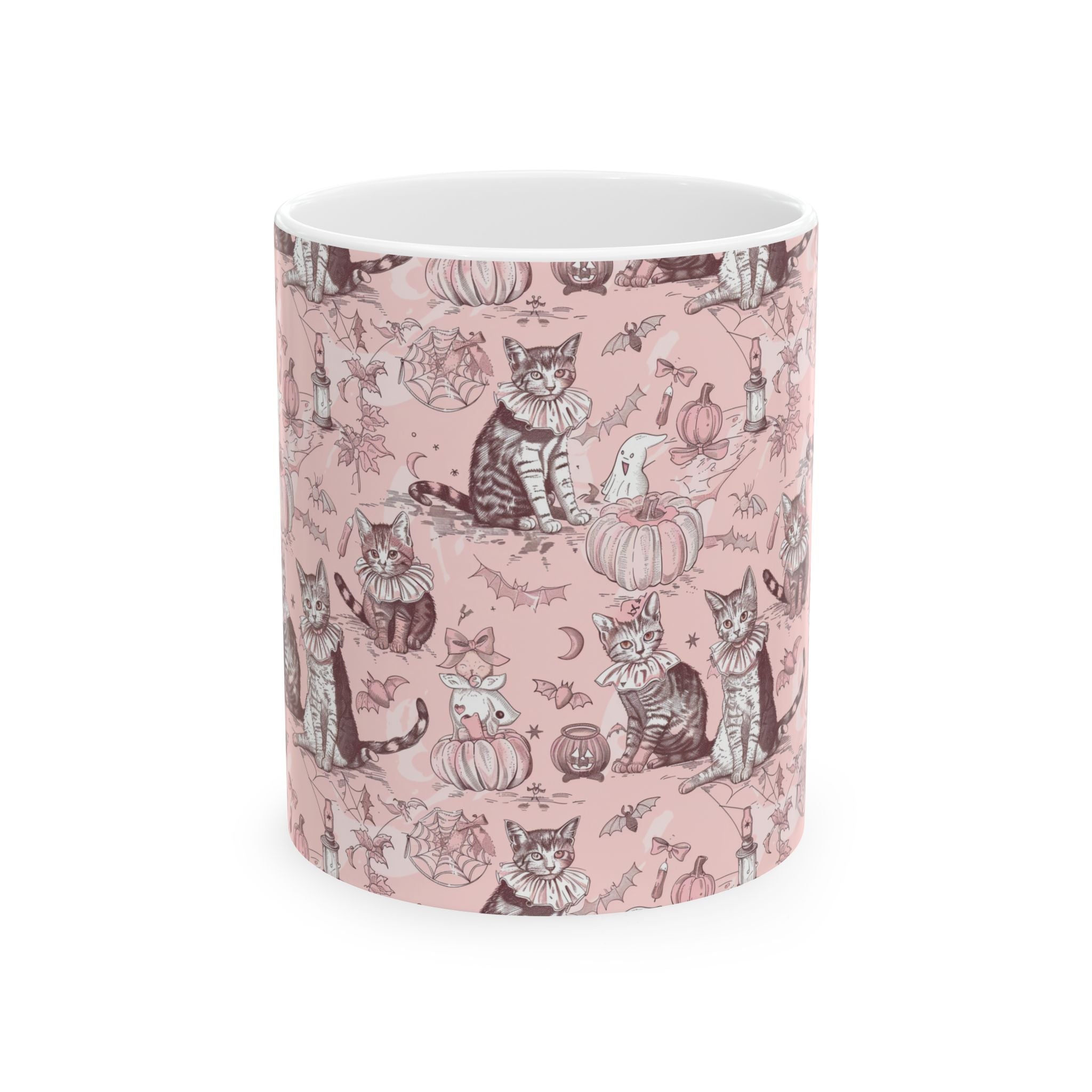 Blush Halloween Cat Mug – Cute Vintage Cats, Pumpkins & Ghosts Coffee Cup for Fall Lovers