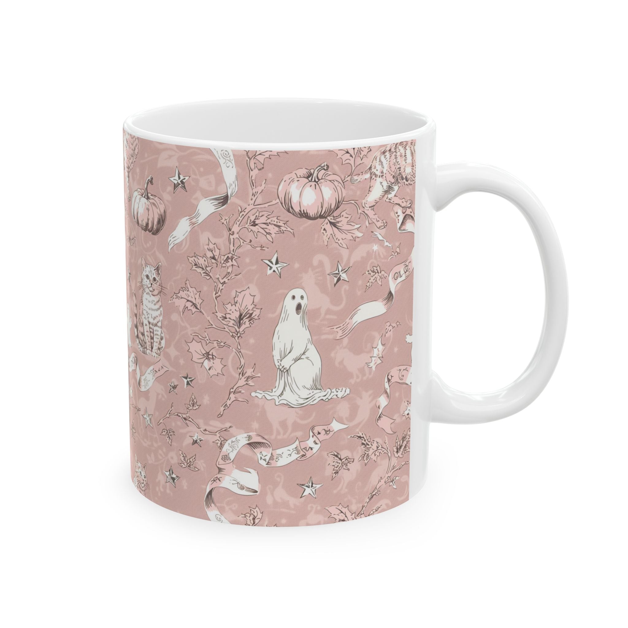 Blush Halloween Mug – Vintage Cat & Ghost Toile | Cozy Fall Coffee Cup