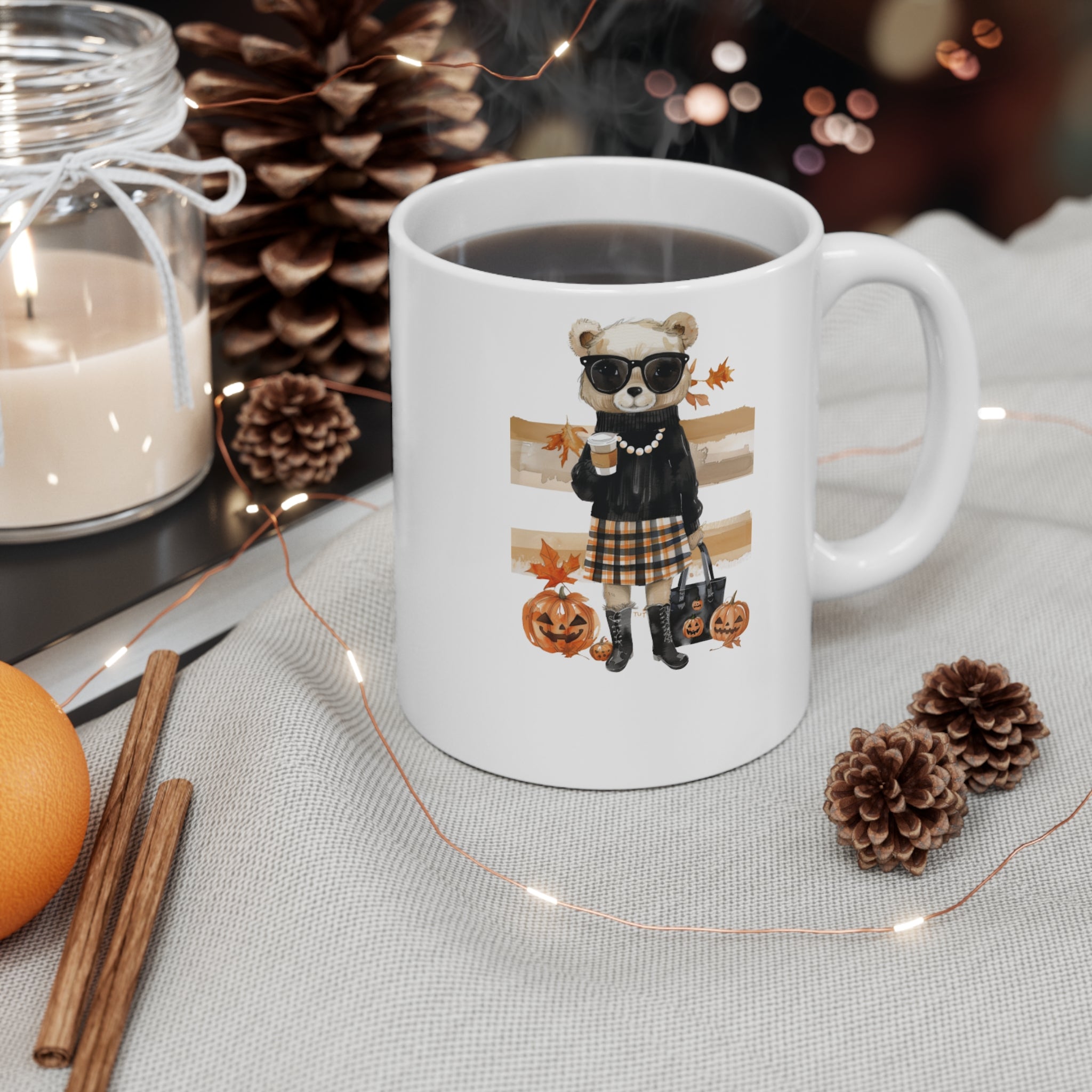 Custom Fall Teddy Bear Mug – “Pumpkin Latte & Pearls” Personalized Cozy Chic Cup